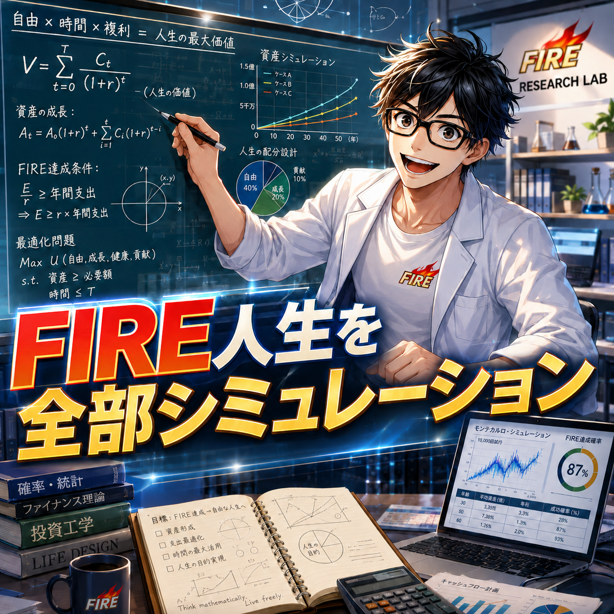 ワクワクFIRE研究室。FIRE人生を数字でシミュレーションする研究室のイメージ