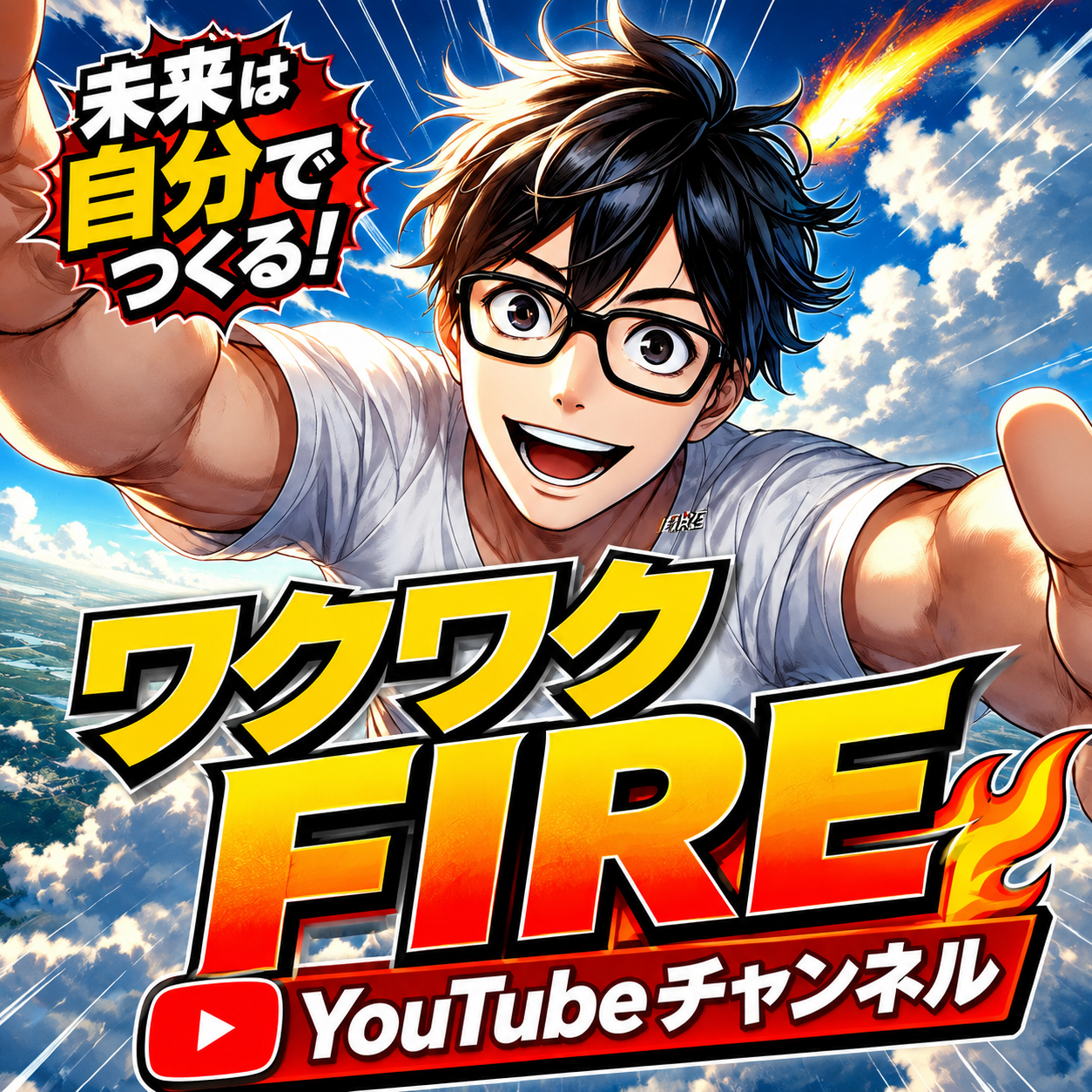 ワクワクFIRE YouTubeチャンネル。青空を背景に手を伸ばすキャラクター