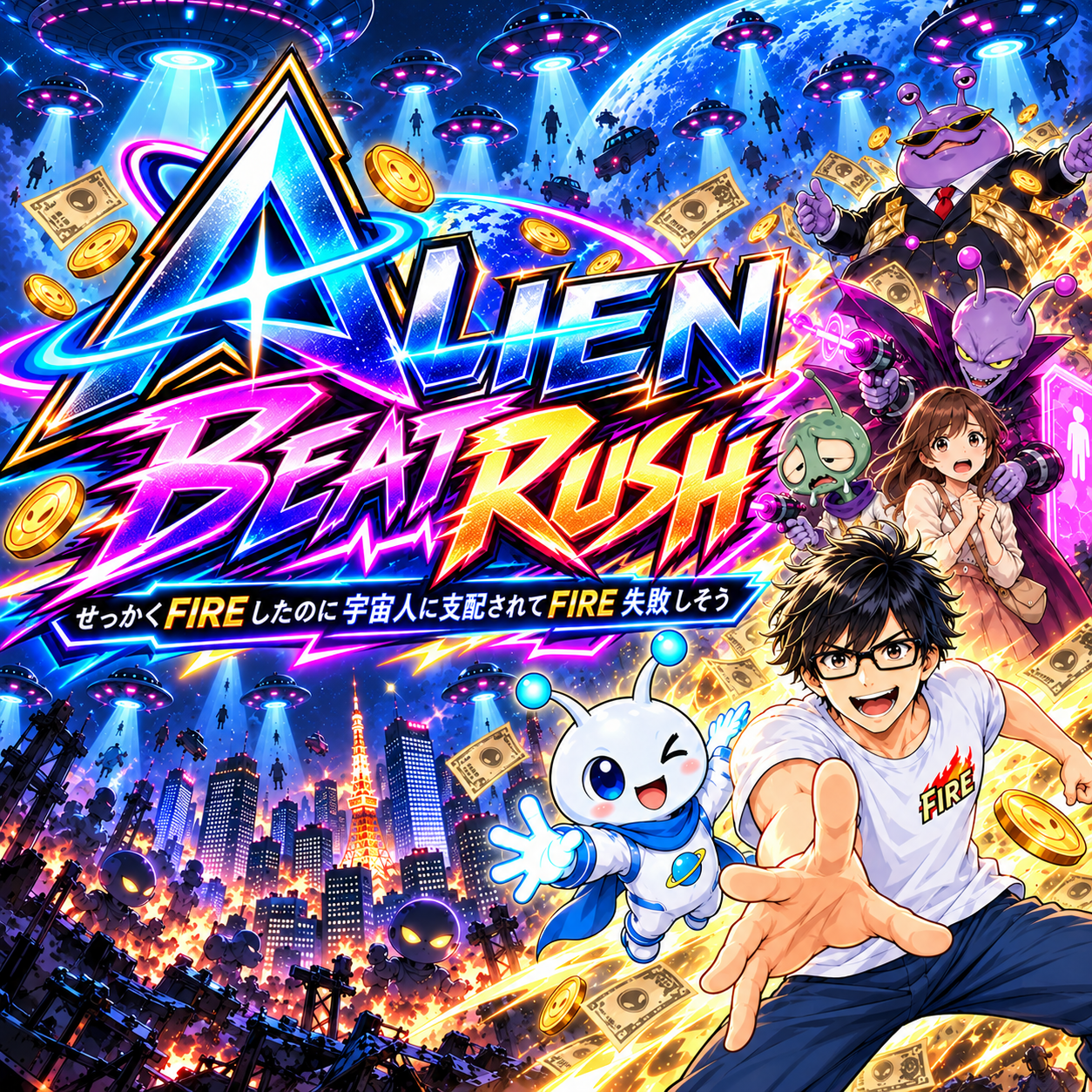 宇宙人リズムシューティング。宇宙人と主人公たちが描かれたゲームサムネイル