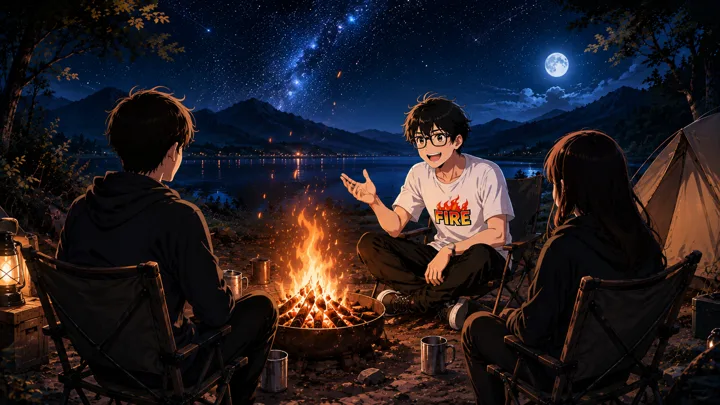焚き火を囲み、くつろぎながら語り合う仲間たちのイラスト