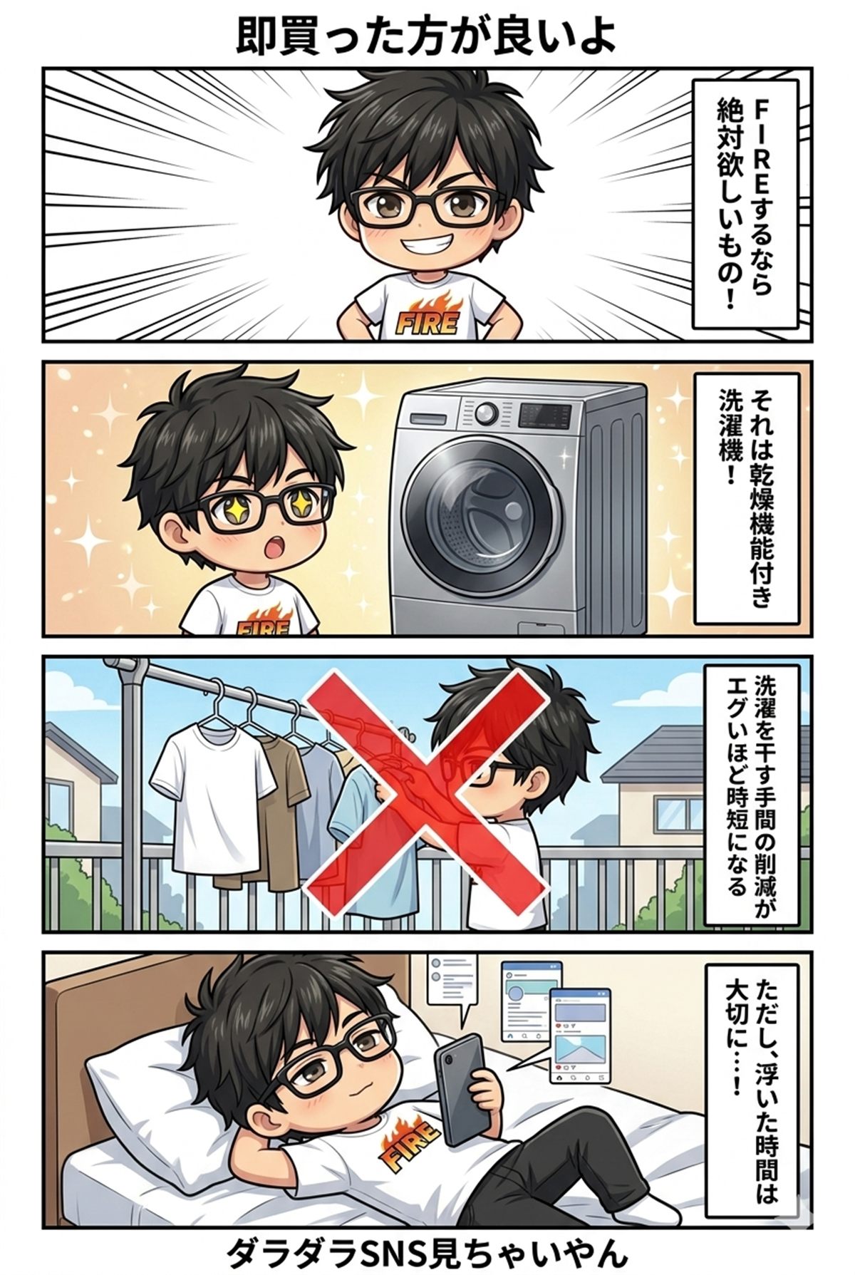 乾燥機付き洗濯機で家事時間を減らしSNSを見る4コマ漫画