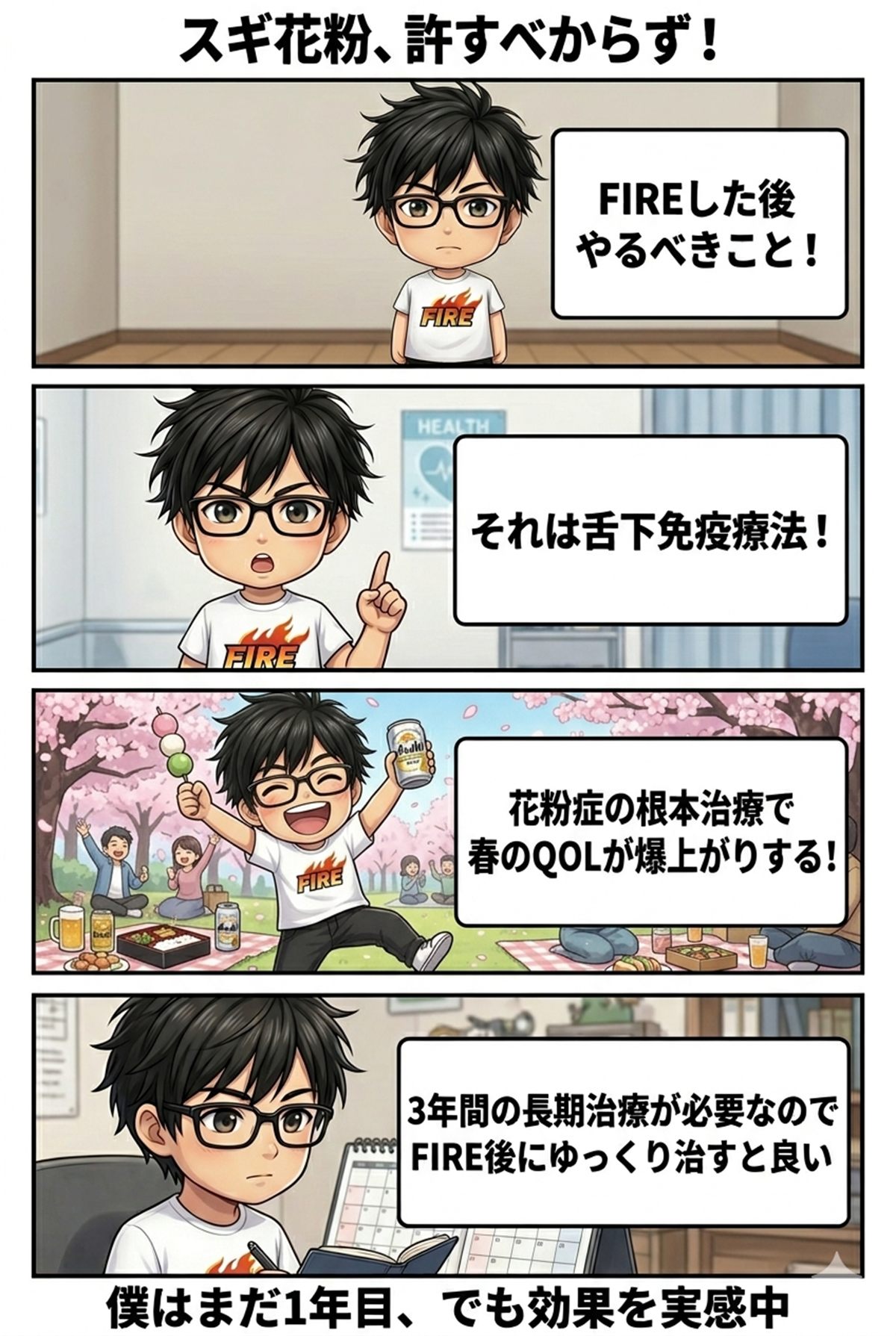 花粉対策をしてFIRE後の春を楽しもうとする4コマ漫画