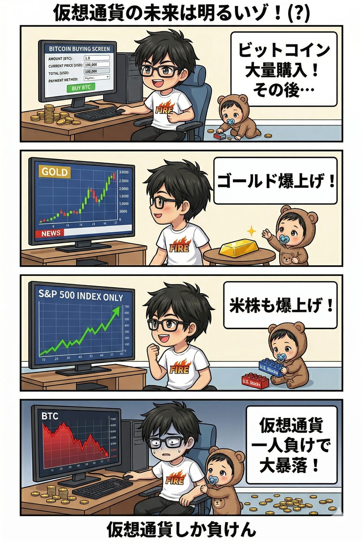 金や米国株が上がる一方で仮想通貨が下がる4コマ漫画