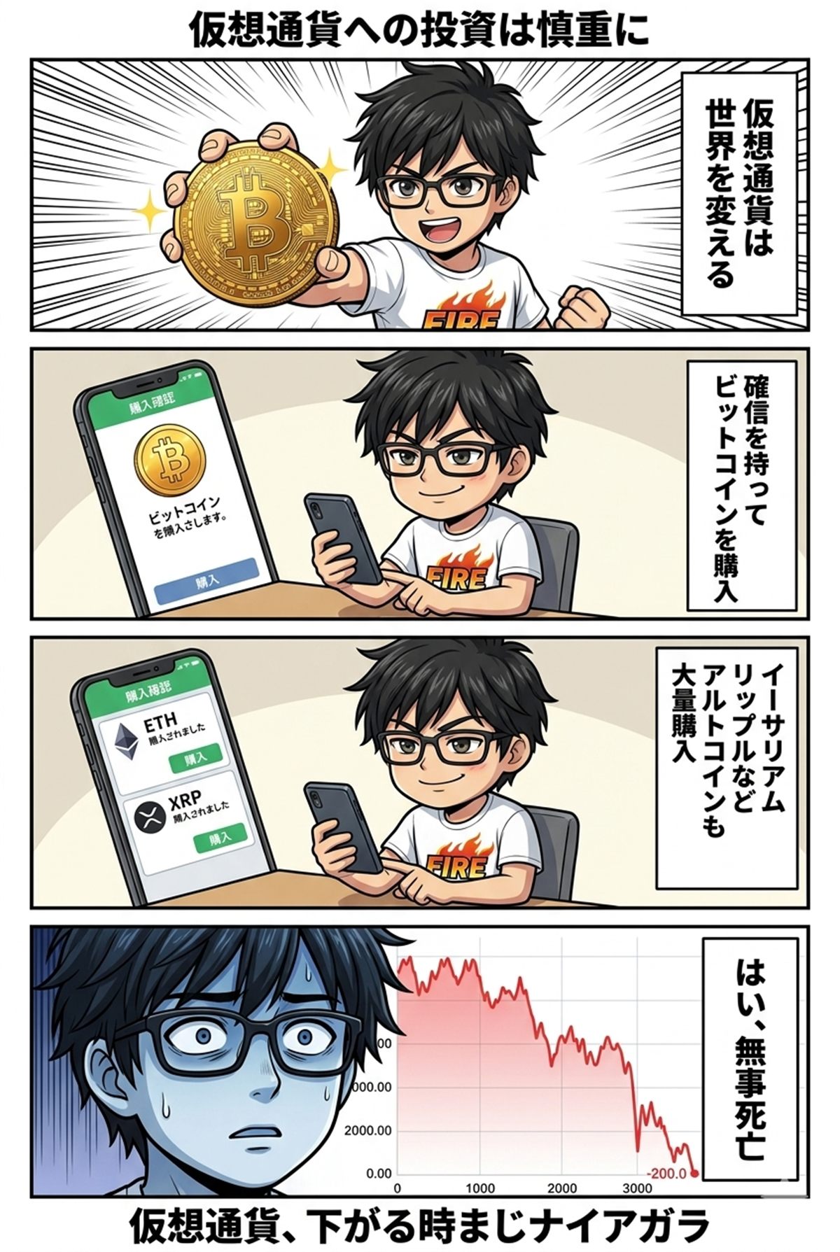 仮想通貨のチャートが急落し投資の慎重さを考える4コマ漫画
