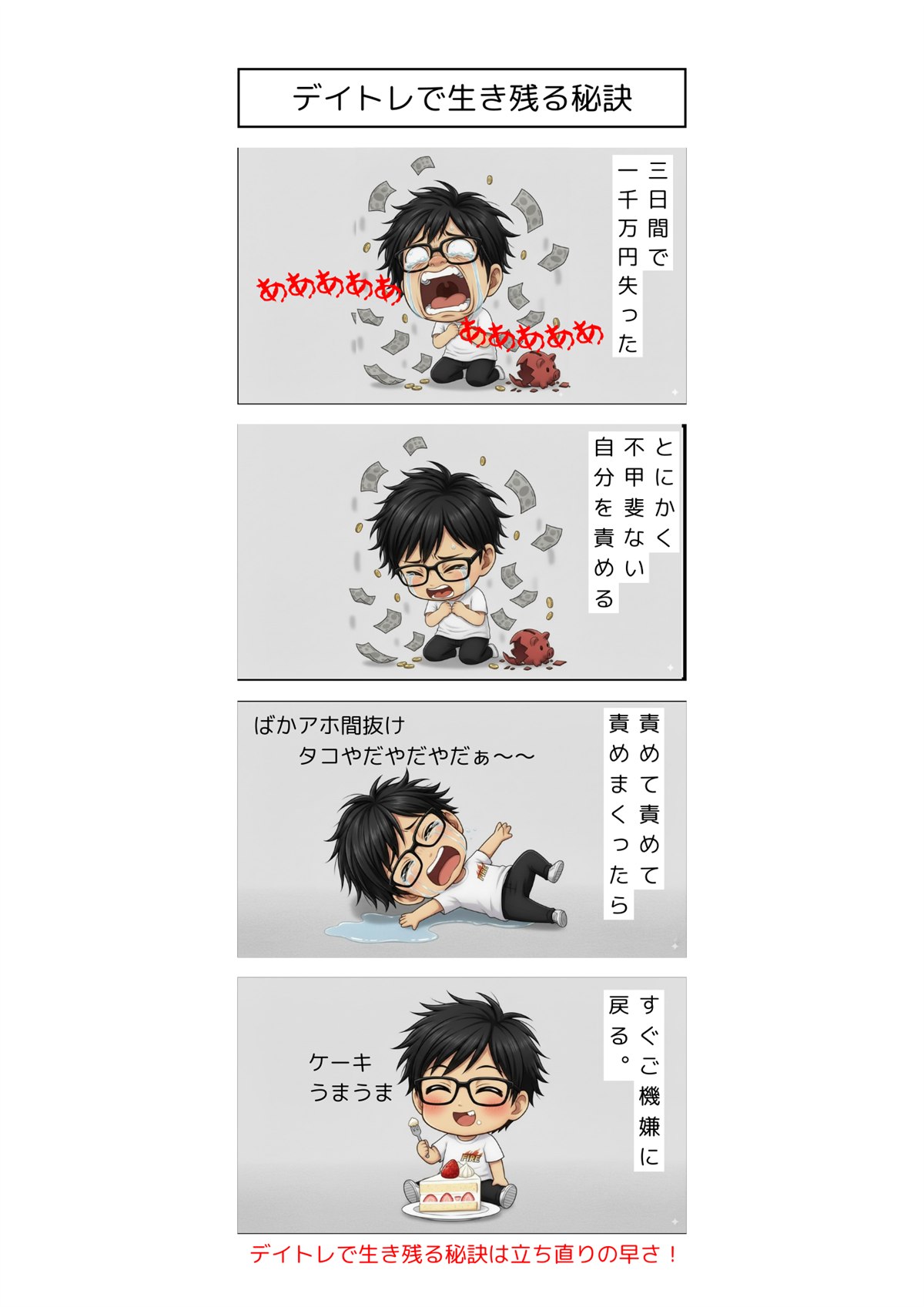 デイトレで大きく負けたあと、ケーキを食べて立ち直る4コマ漫画