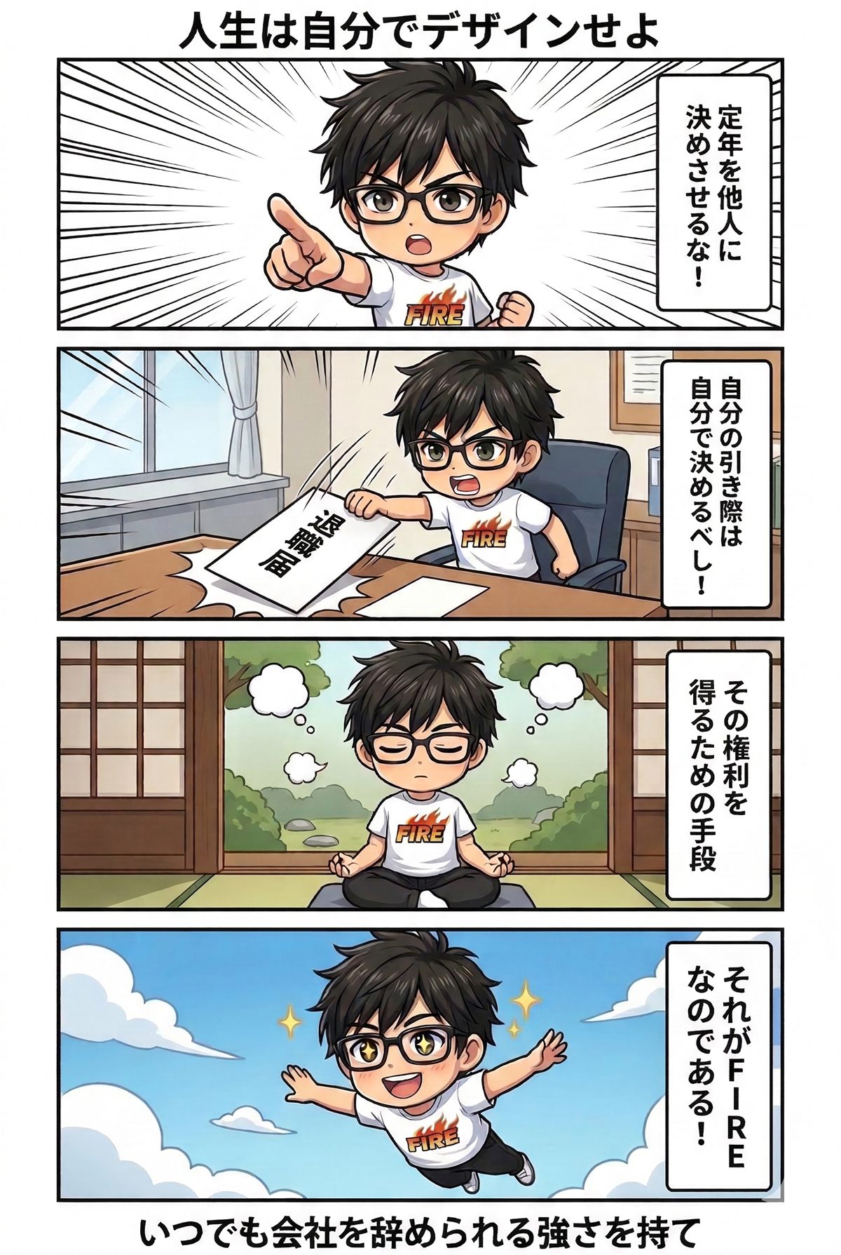 自分の人生設計を考え、FIREの辞め時を決める4コマ漫画