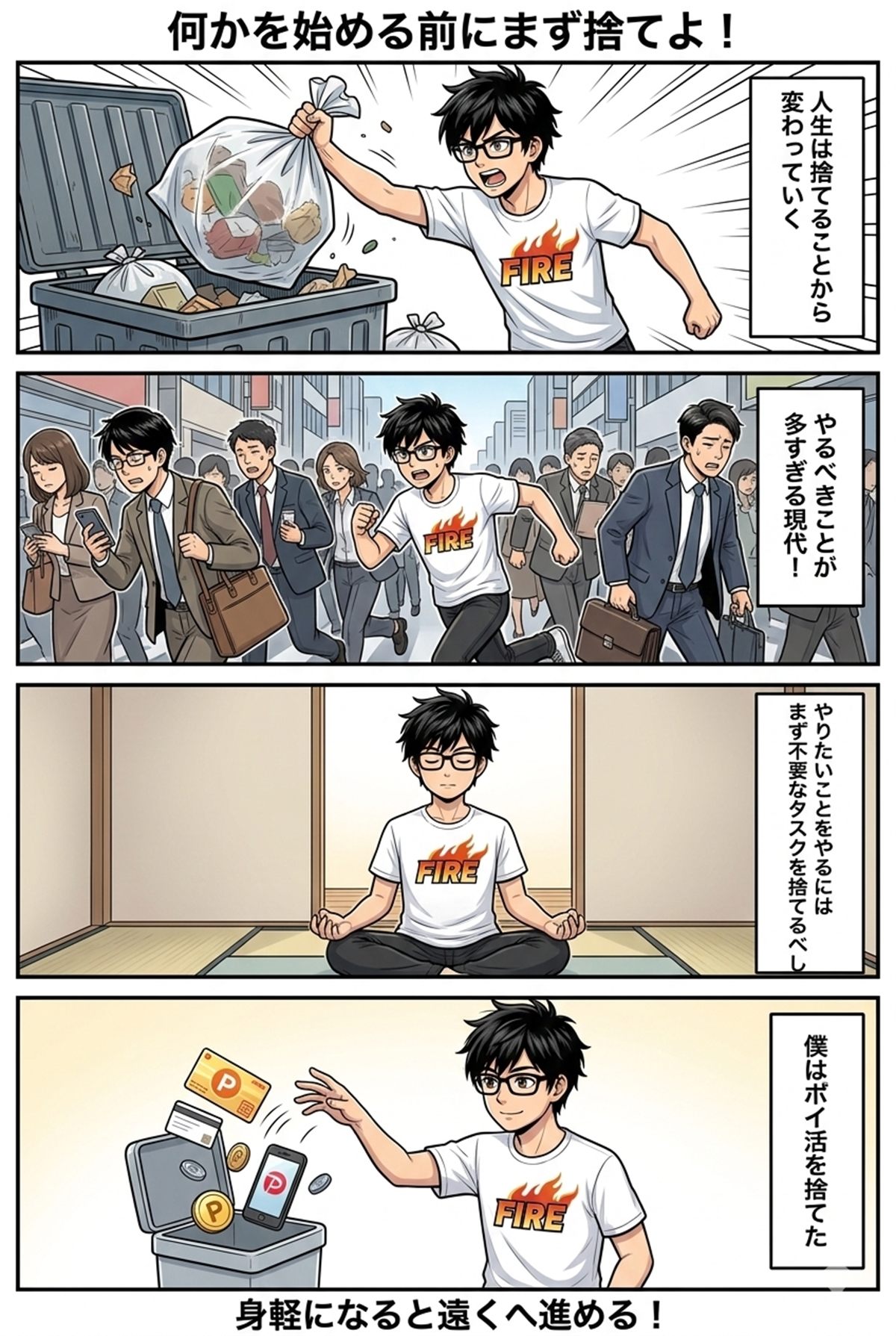 物や予定を捨てて身軽になり新しいことを始める4コマ漫画
