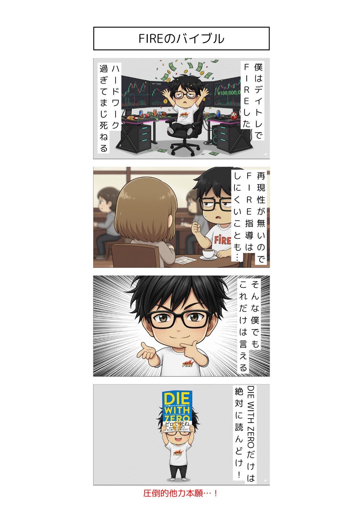 デイトレでFIREした人がDIE WITH ZEROをすすめるFIREの4コマ漫画