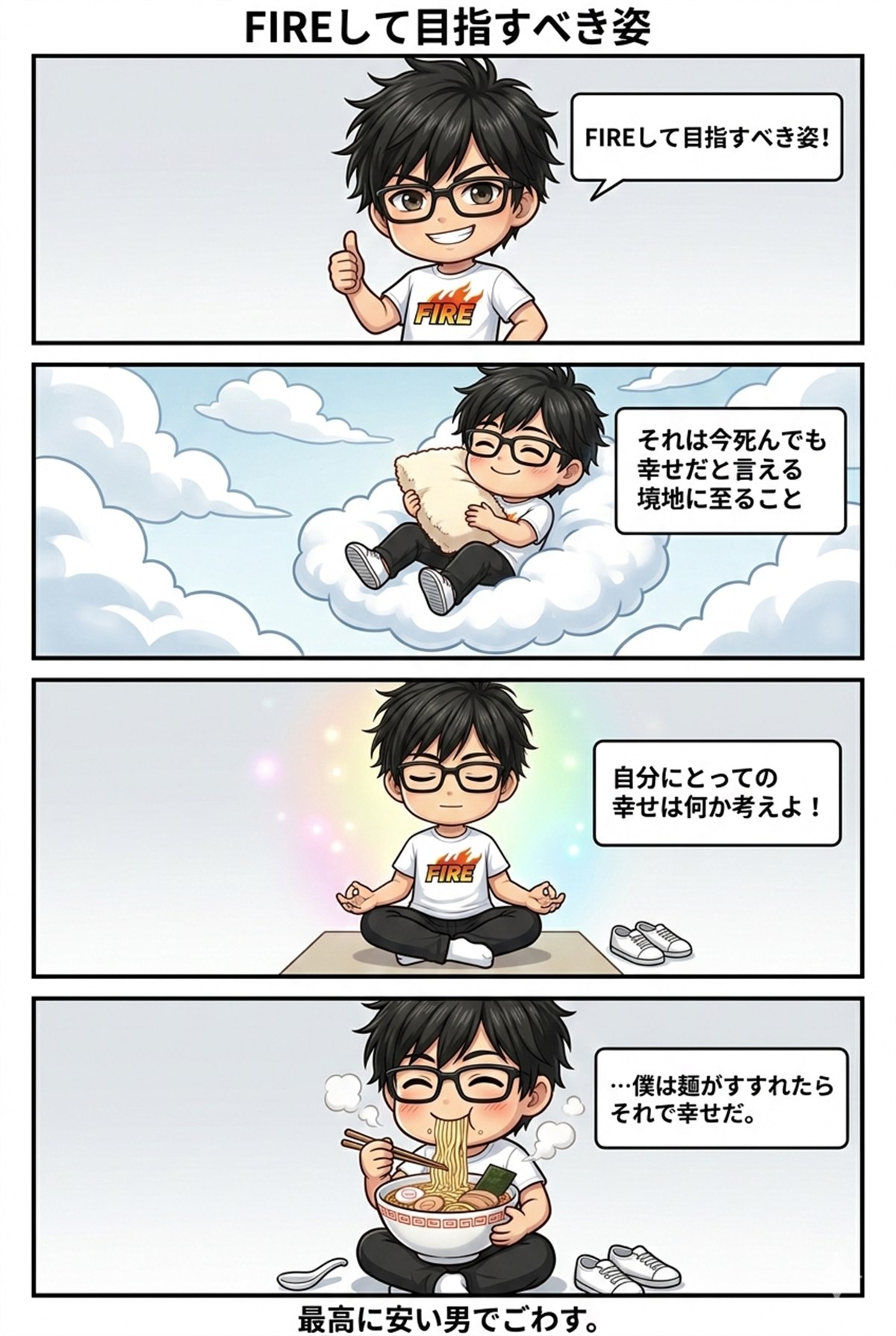 ラーメンを食べられたら幸せだと語るFIREの4コマ漫画