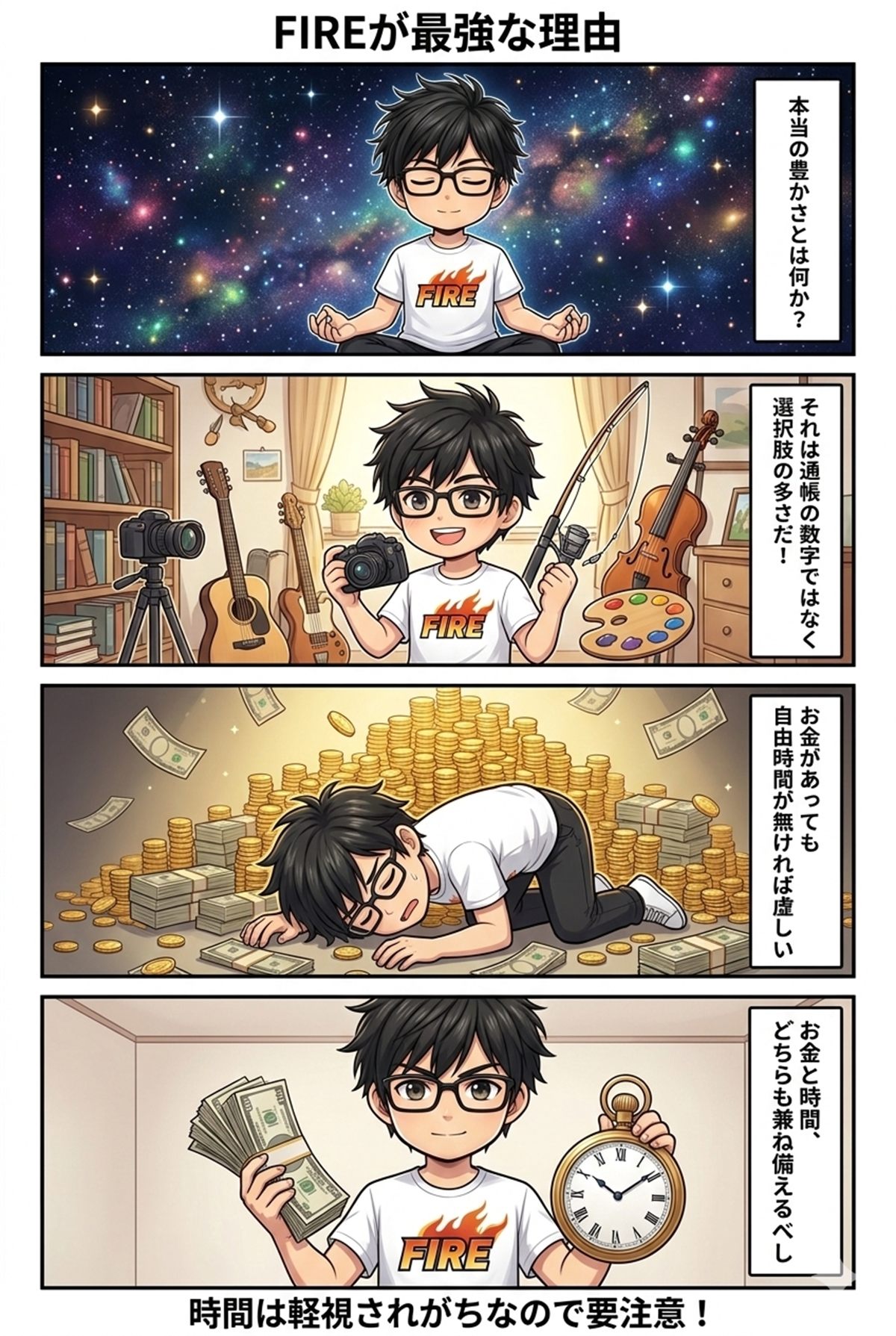 お金と時計を手に、選択肢こそ豊かさだと考えるFIREの4コマ漫画