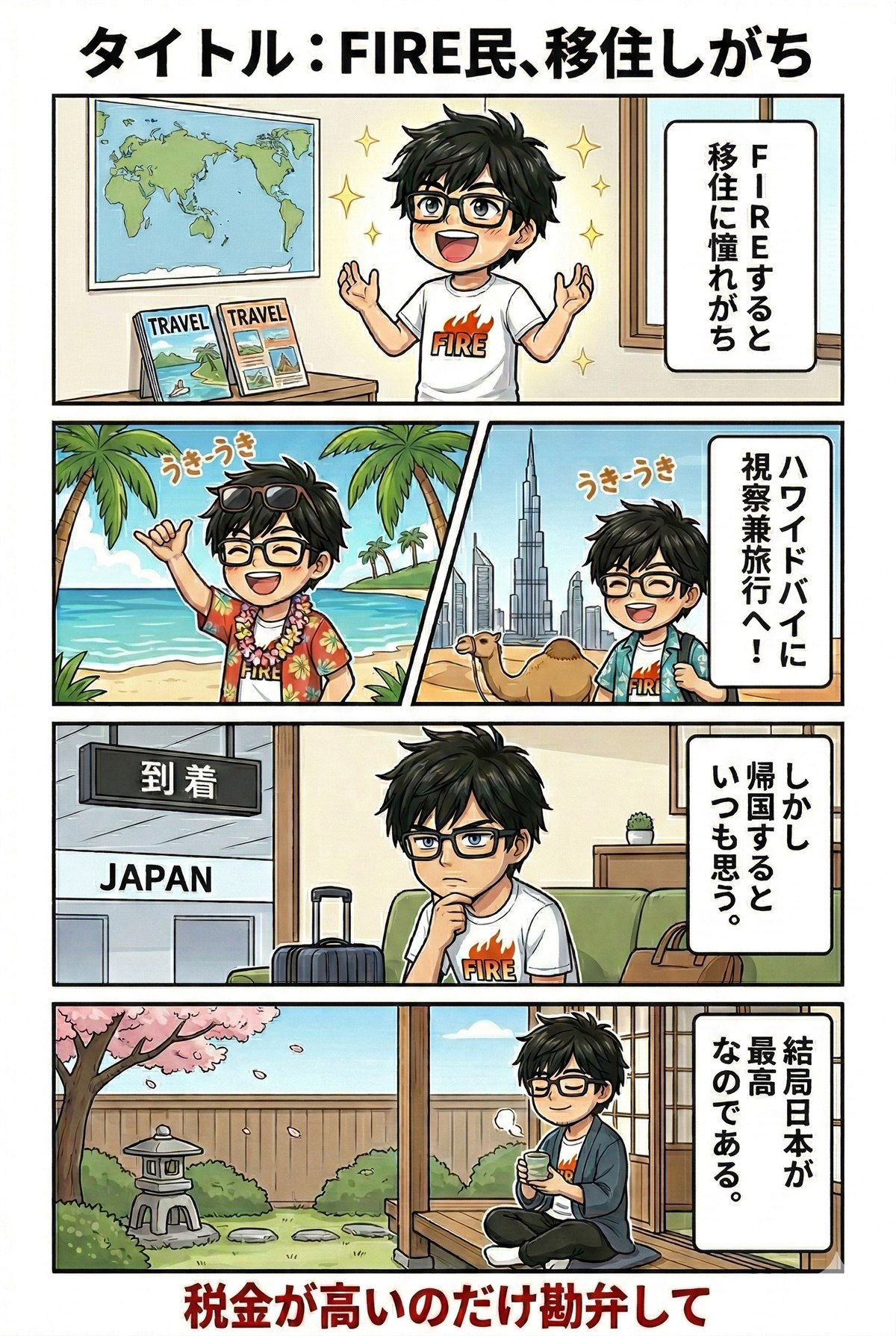 ハワイやドバイへの海外移住に憧れながら、最後は日本へ戻るFIREの4コマ漫画