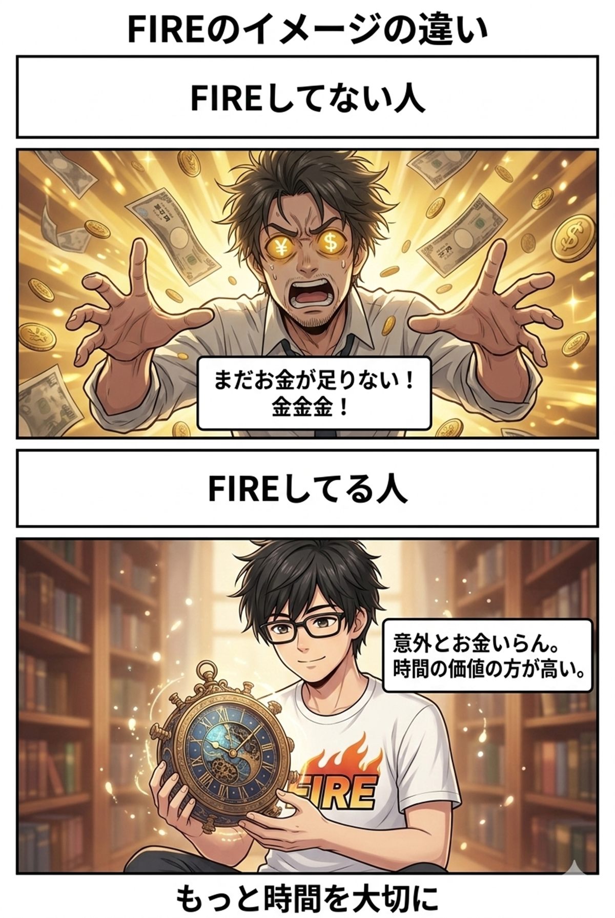 FIRE前は株価、FIRE後は時間を大切にする4コマ漫画