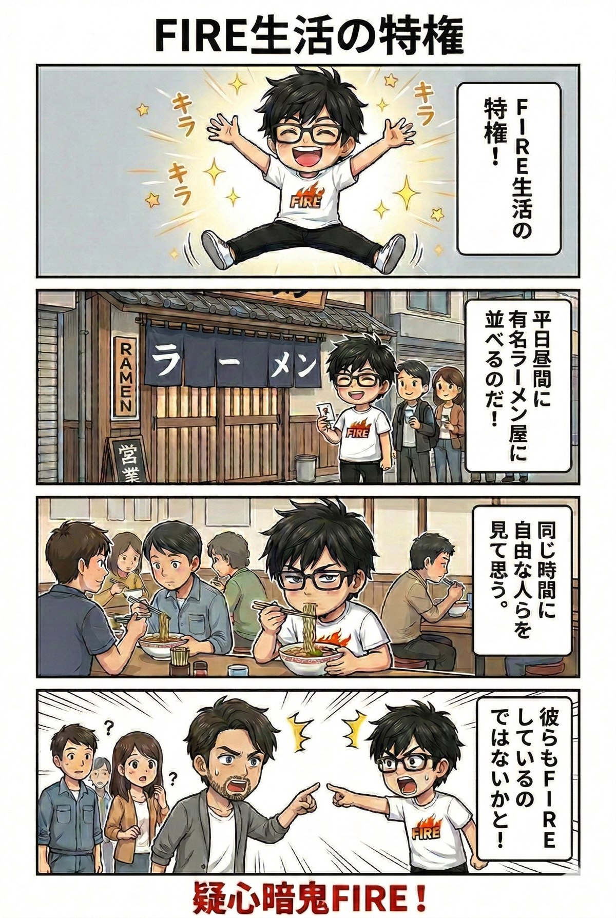 平日の昼にラーメンを食べながら、周囲のFIRE民を疑ってしまう4コマ漫画