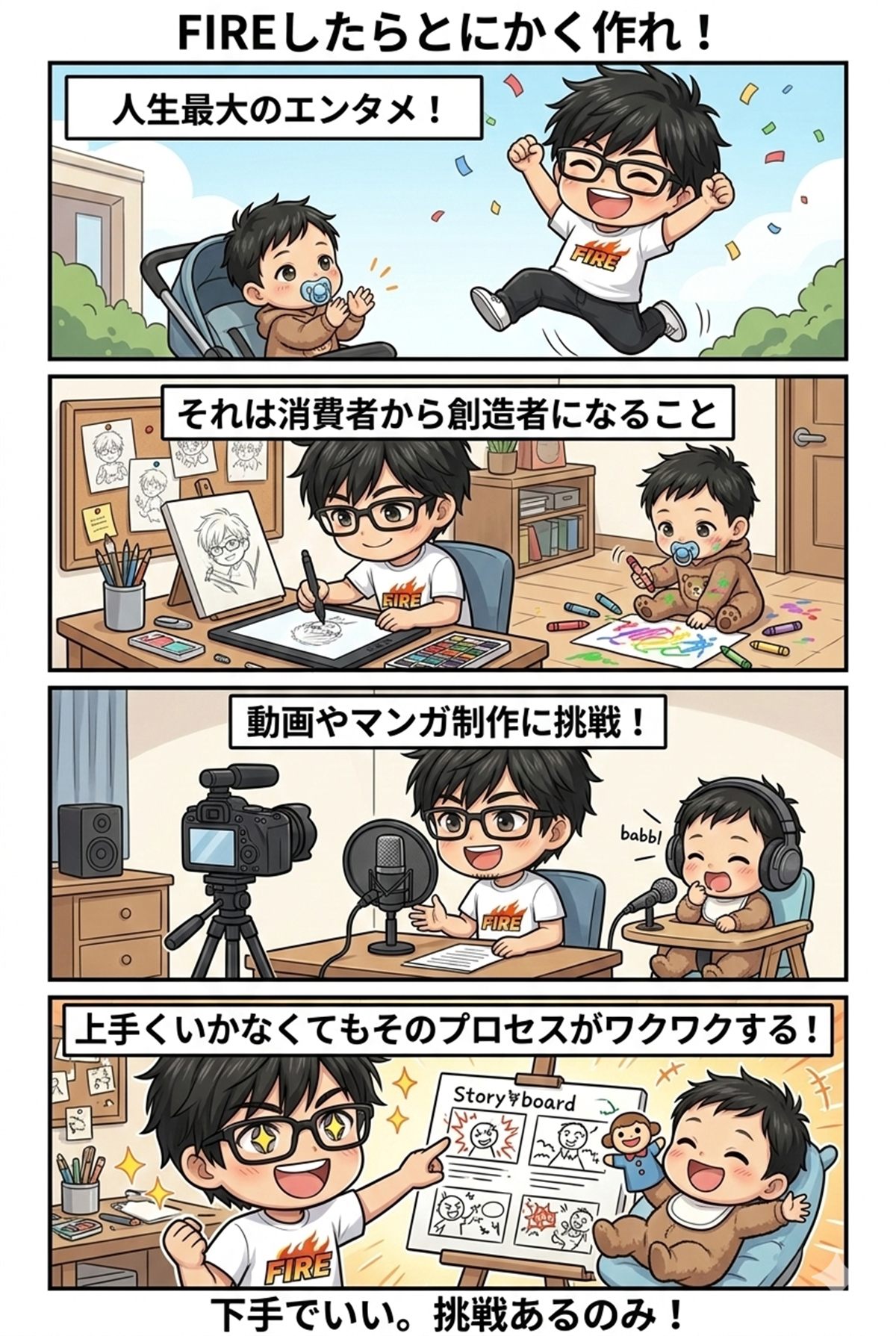 FIRE後にゲームをする人が、動画や漫画を作る側へ変わる4コマ漫画