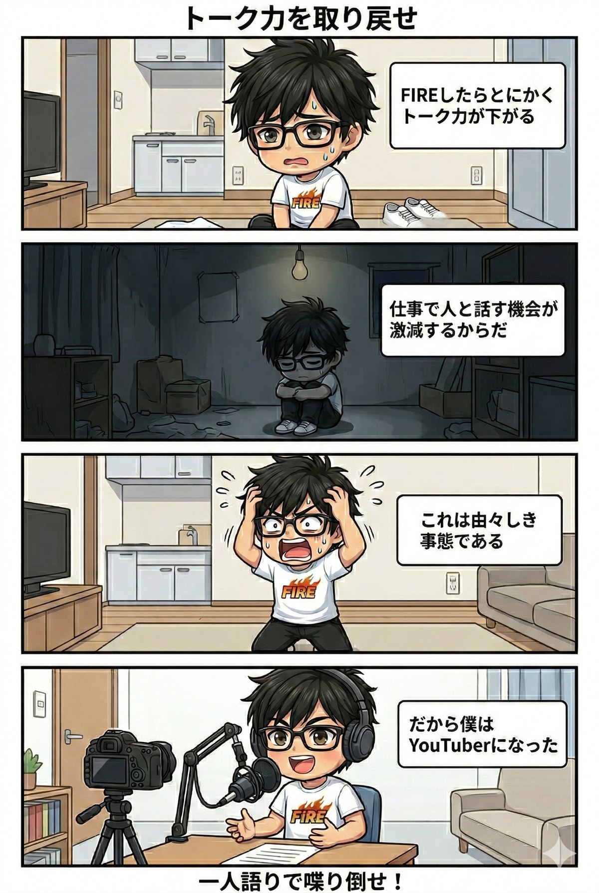 FIRE後にトーク力が落ち、一人語りのYouTuberを始める4コマ漫画