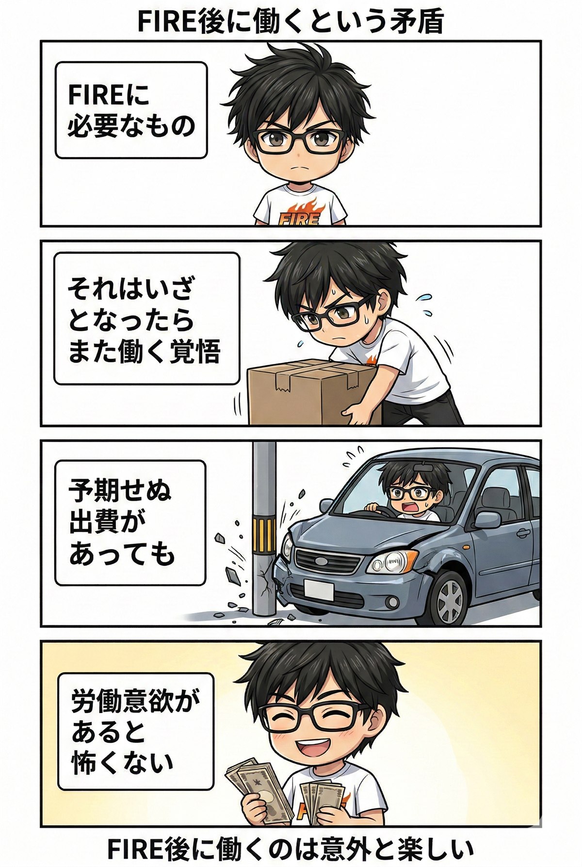 FIRE後に予期せぬ出費があり、また働く覚悟をする4コマ漫画
