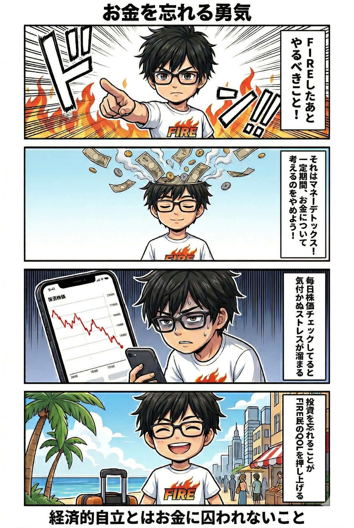 株価を見すぎず旅行や暮らしに集中するFIRE後の4コマ漫画