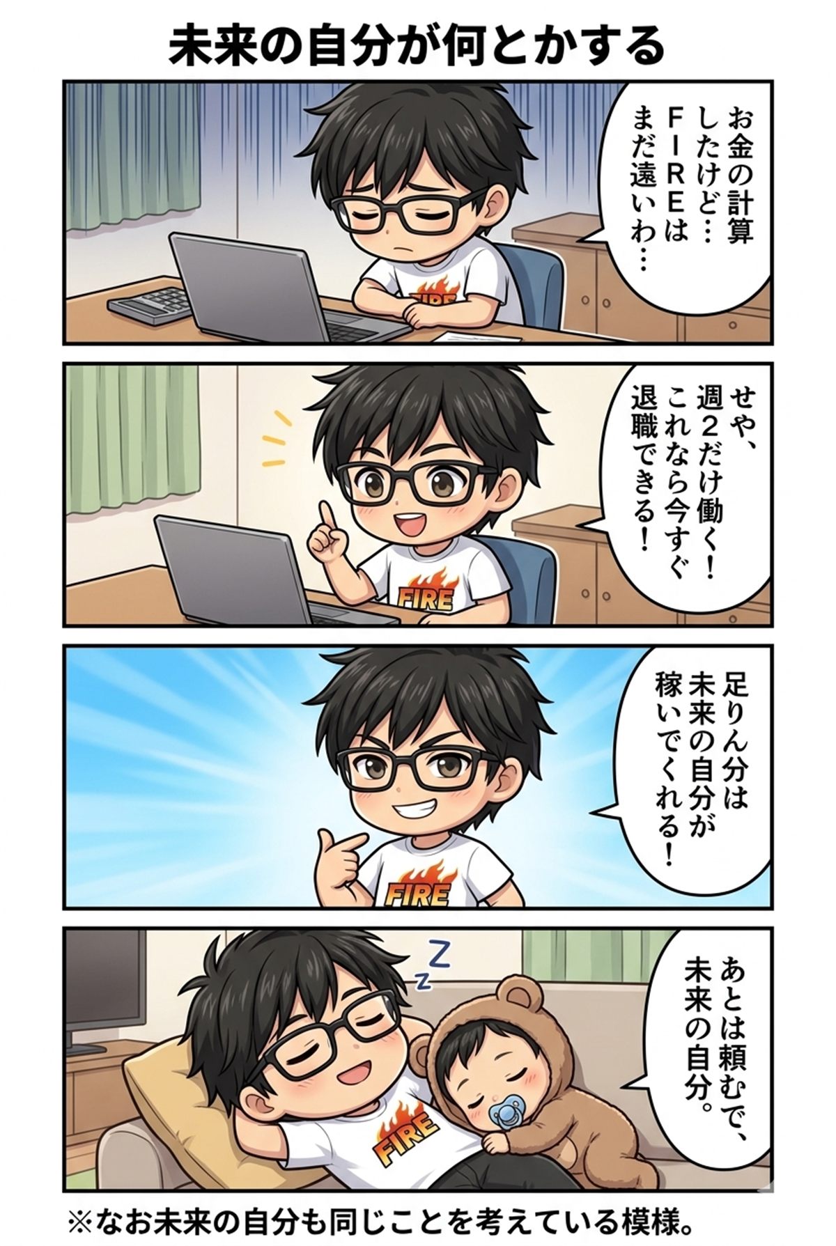 未来の自分に仕事を託し今の一歩を軽くする4コマ漫画