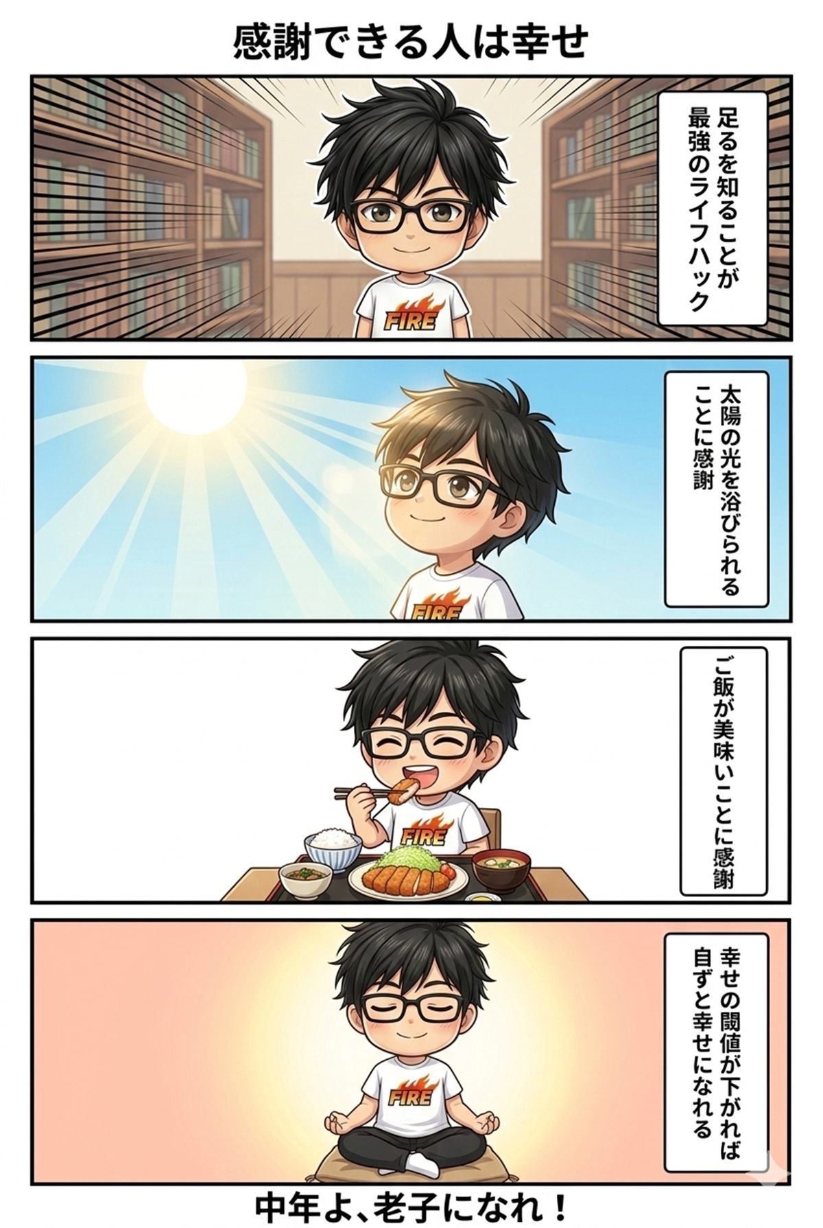 太陽や食事に感謝し、足るを知る中年を描いた4コマ漫画