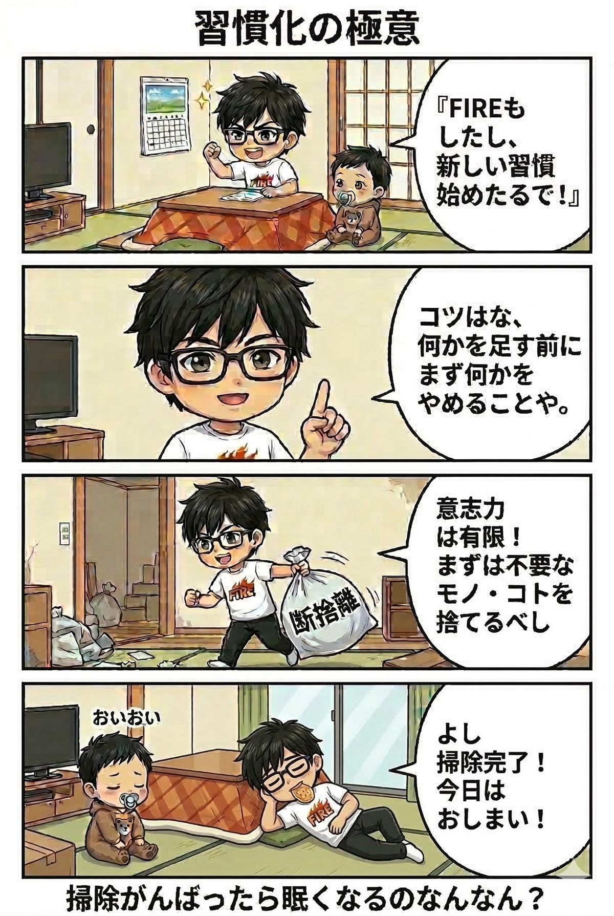 不要な行動を捨てて新しい習慣を始める4コマ漫画