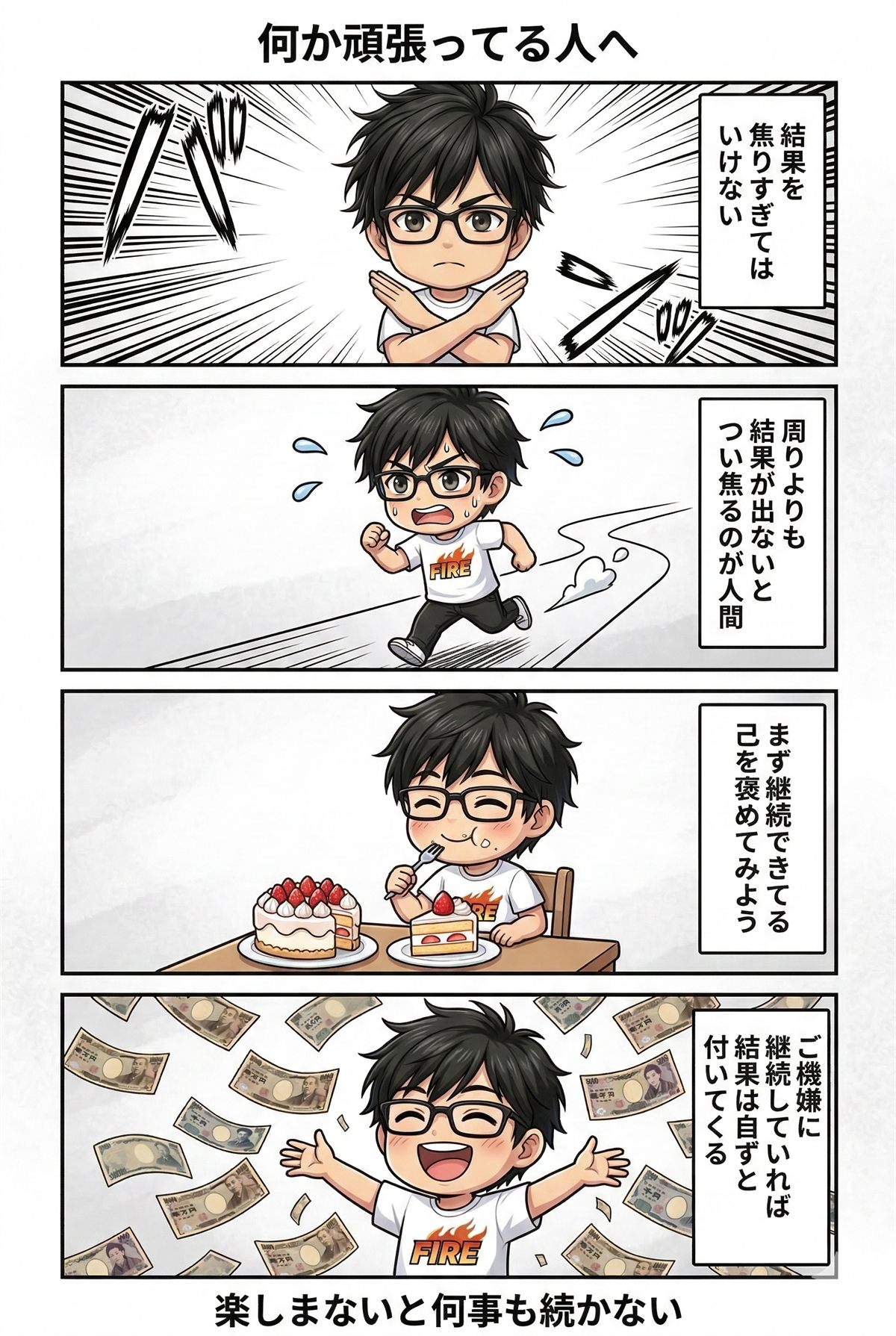 走り続ける人とケーキを食べて自分を励ます4コマ漫画