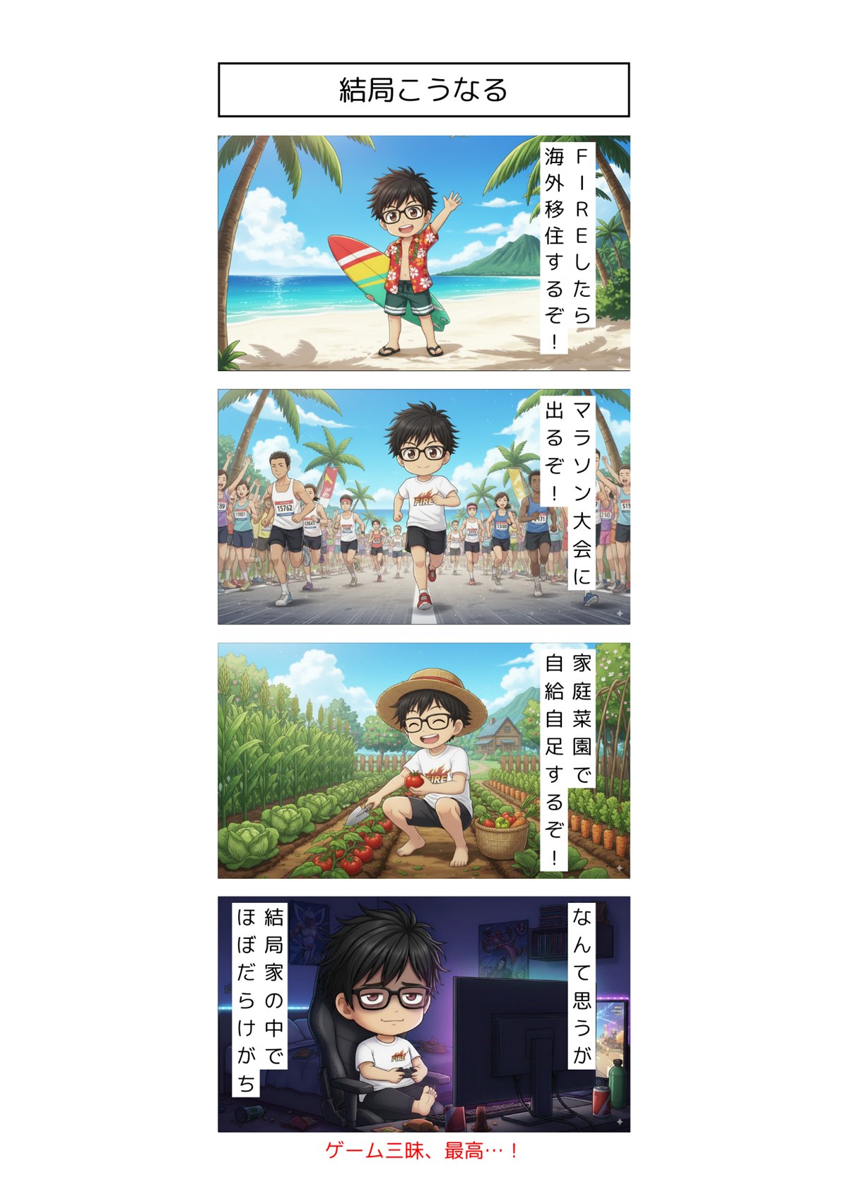 海外移住やマラソンを夢見たあと、家でゲーム三昧になるFIREの4コマ漫画