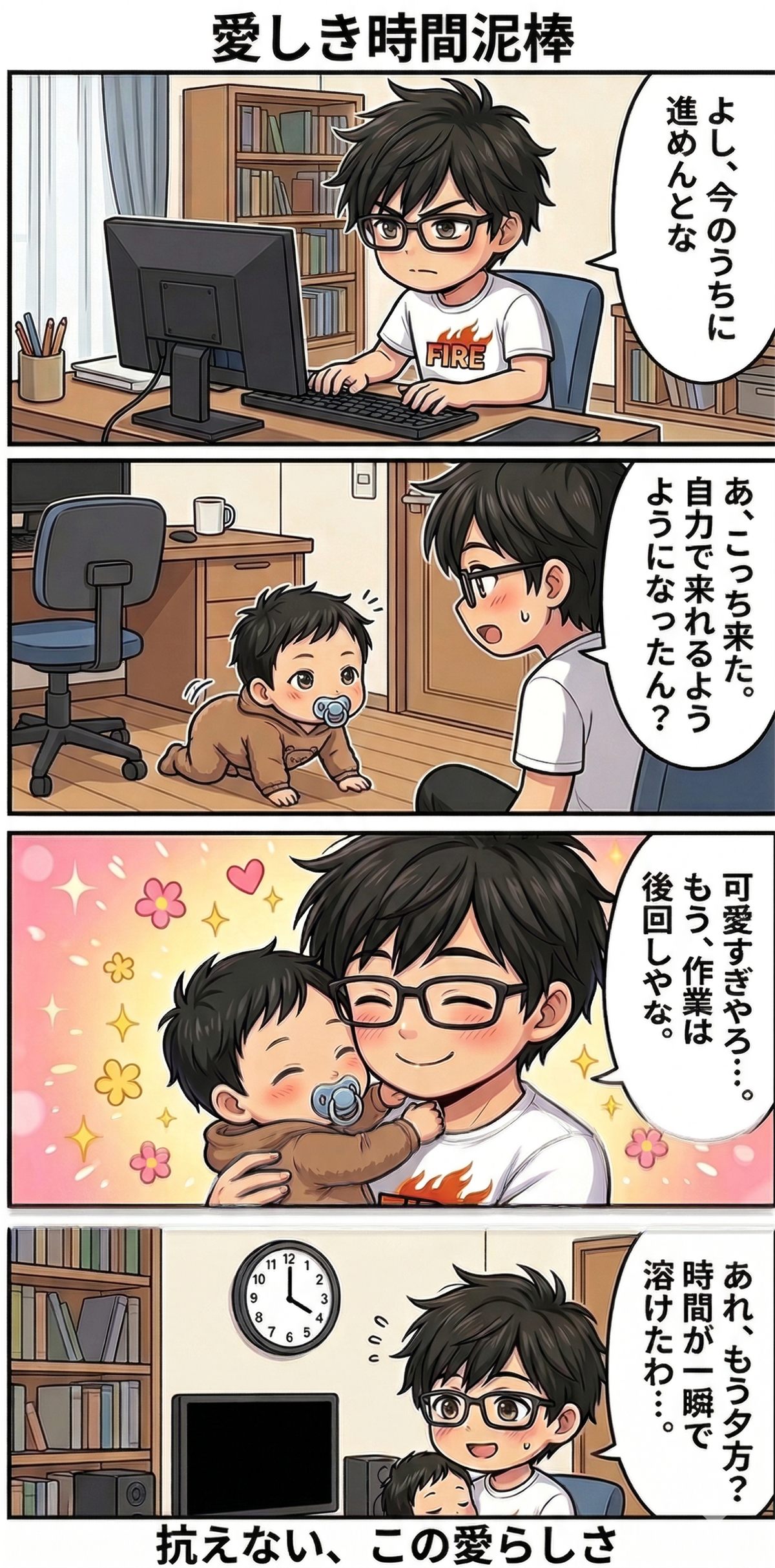 子どもに仕事を止められながらも愛しさを感じる4コマ漫画