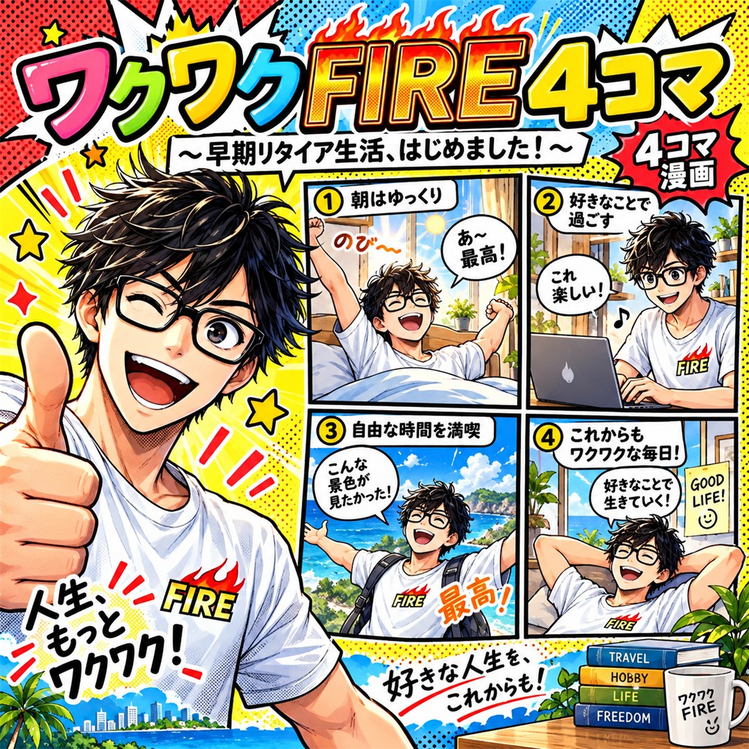 ワクワクFIRE 4コマ漫画。FIREや中年、お金、時間をテーマにした4コマと解説