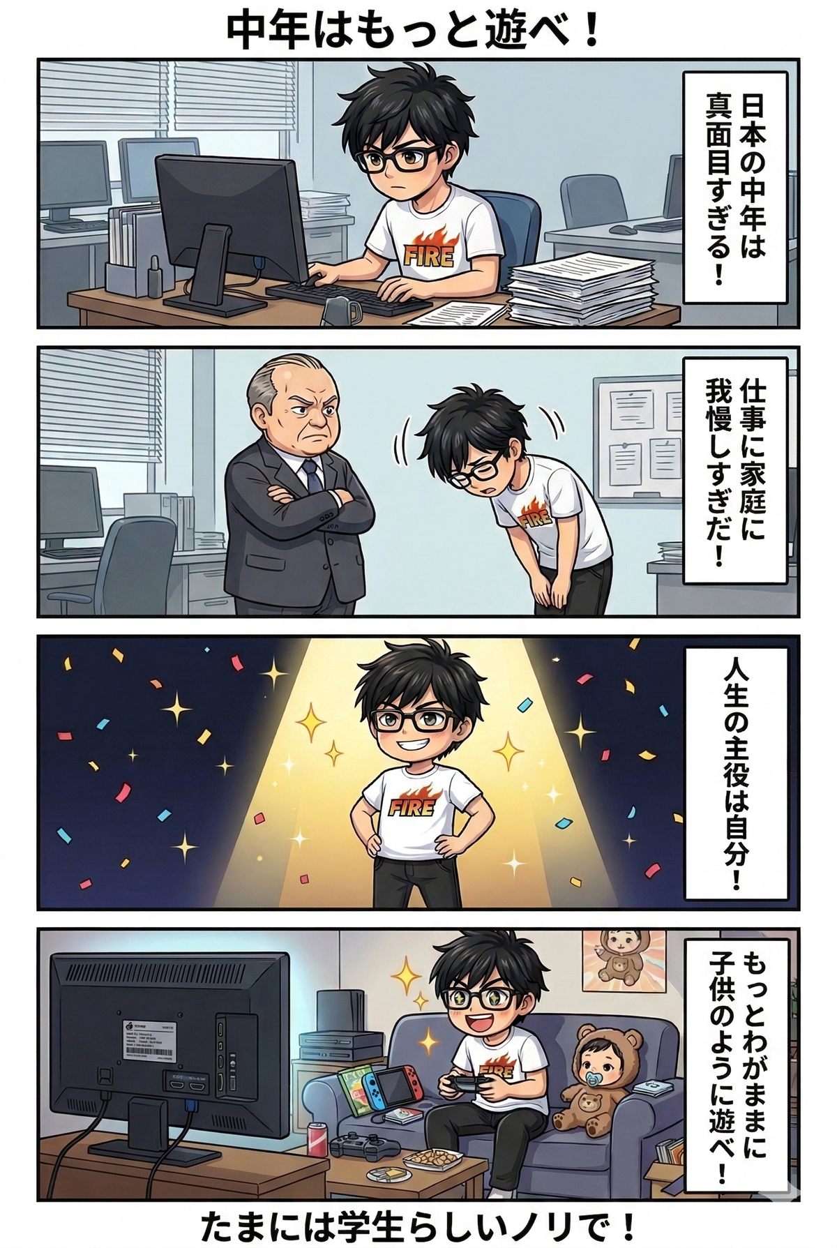 真面目な中年が学生のように遊ぶことをすすめる4コマ漫画