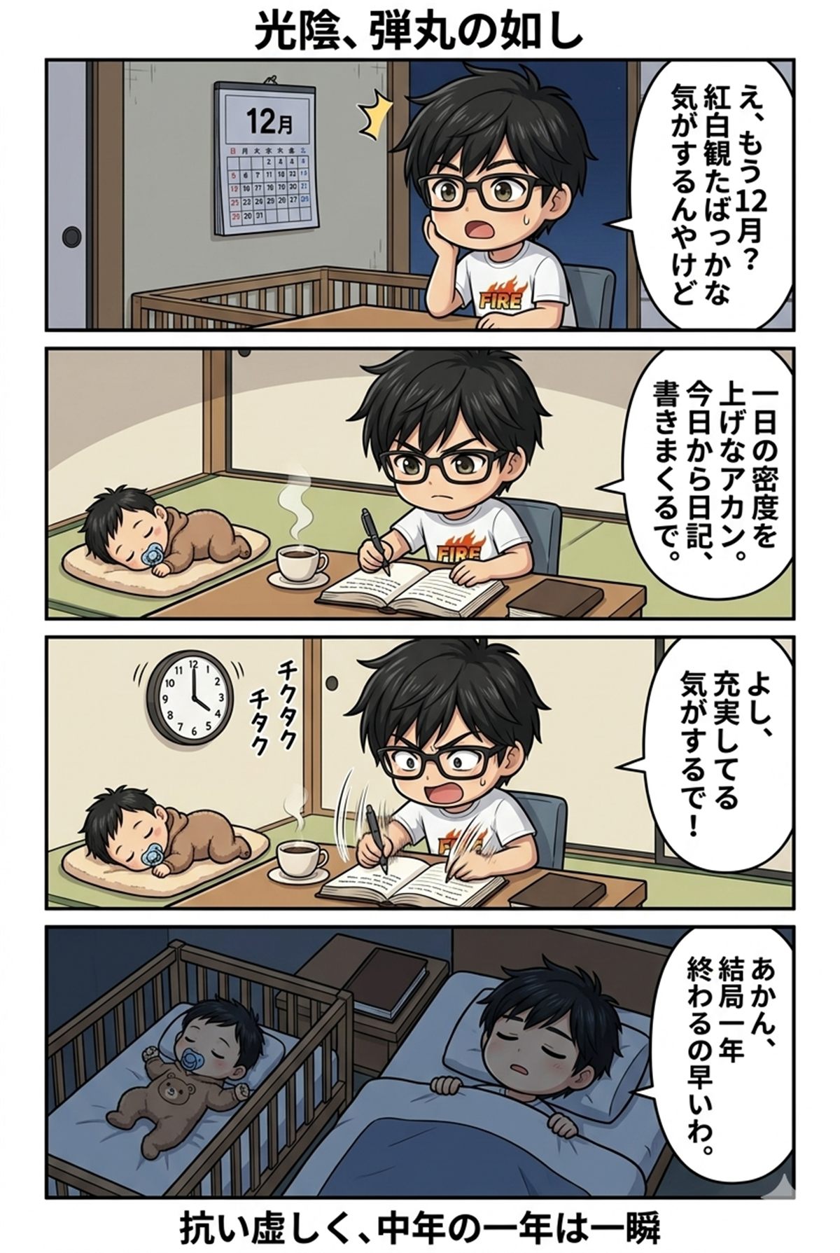 日記をつけながら中年の一年の速さに驚く4コマ漫画