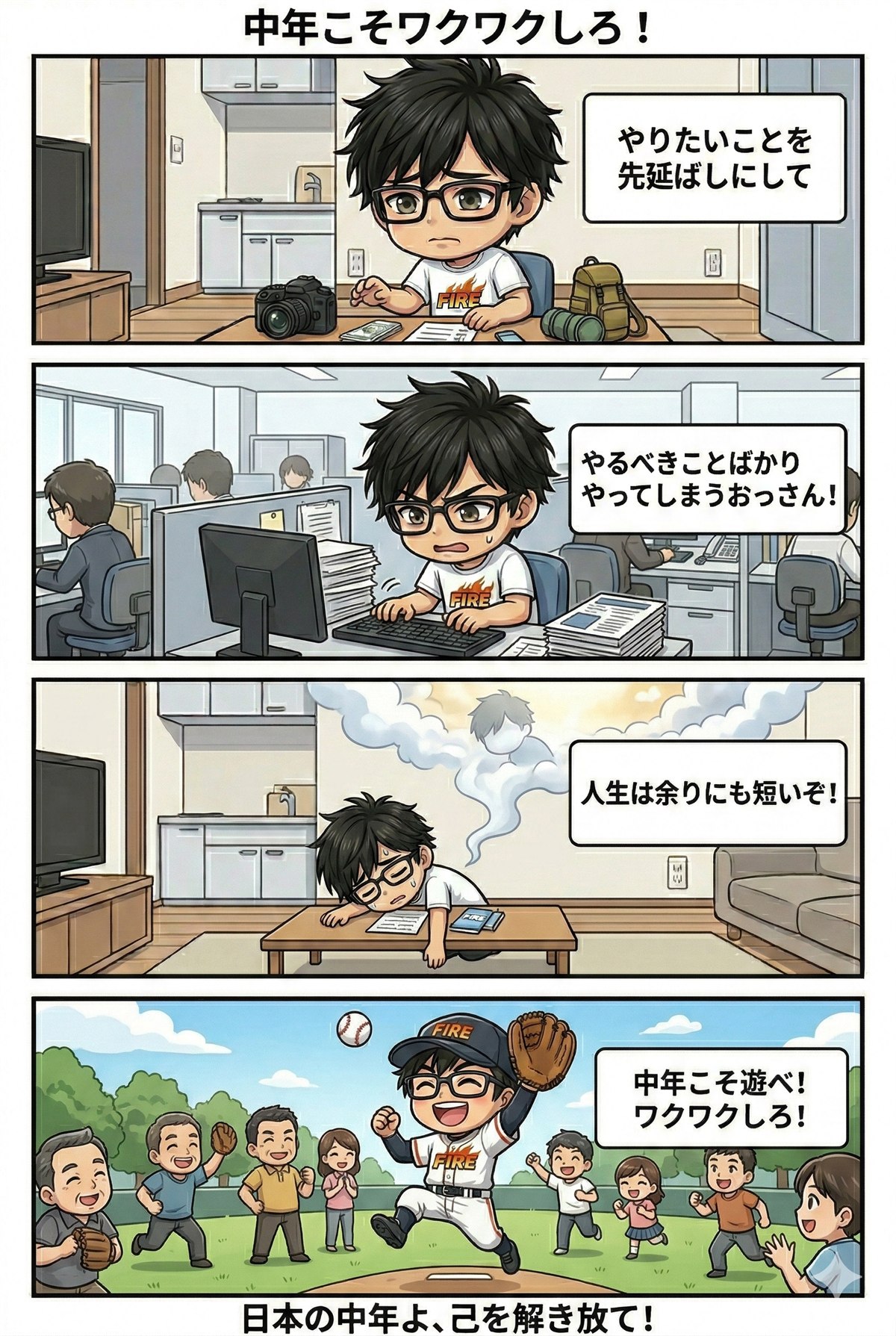 やりたいことを先延ばしにする中年が、最後は仲間と野球を楽しむ4コマ漫画