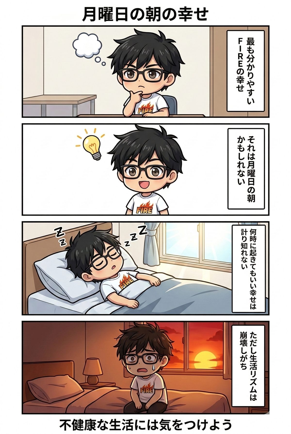 月曜の朝に目覚ましなしで眠るFIRE後の生活を描いた4コマ漫画