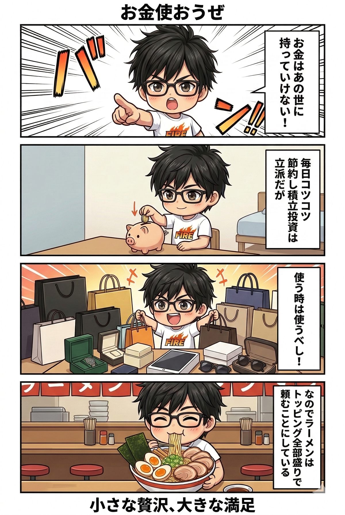 貯めたお金でラーメンのトッピングを楽しむ4コマ漫画