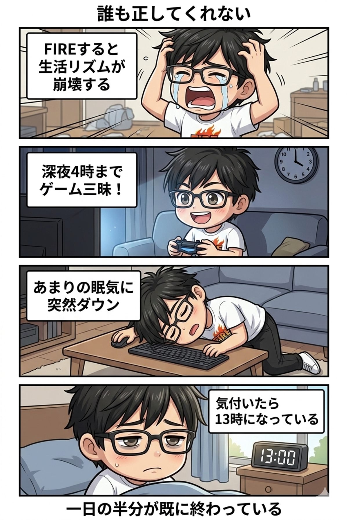 夜中までゲームをして昼に起きるFIRE後の生活を描いた4コマ漫画