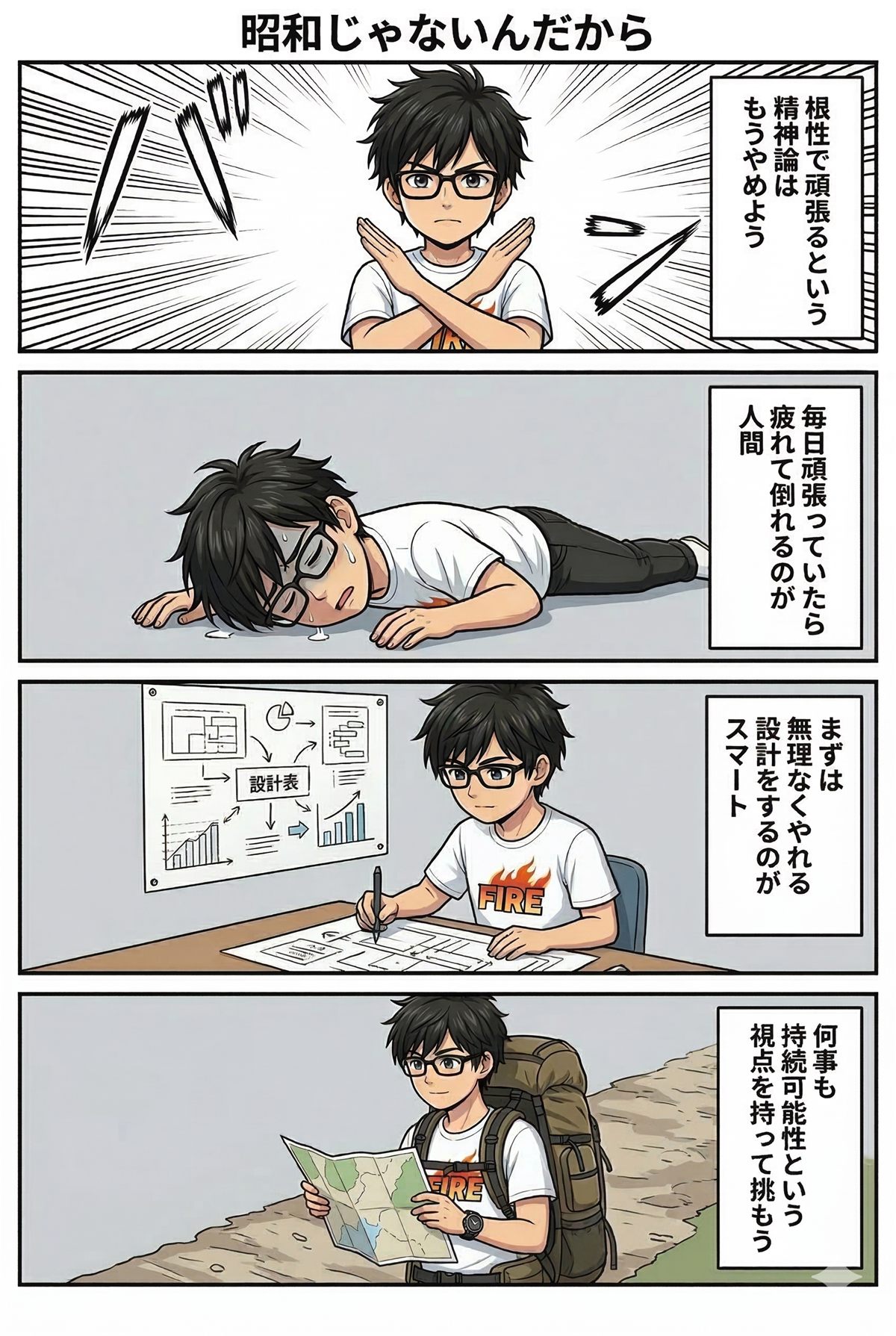 根性論ではなく仕組みで働き方を変える中年の4コマ漫画