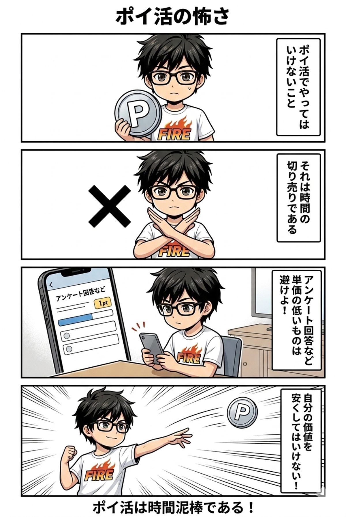 ポイントを貯める作業で時間を失うポイ活の4コマ漫画