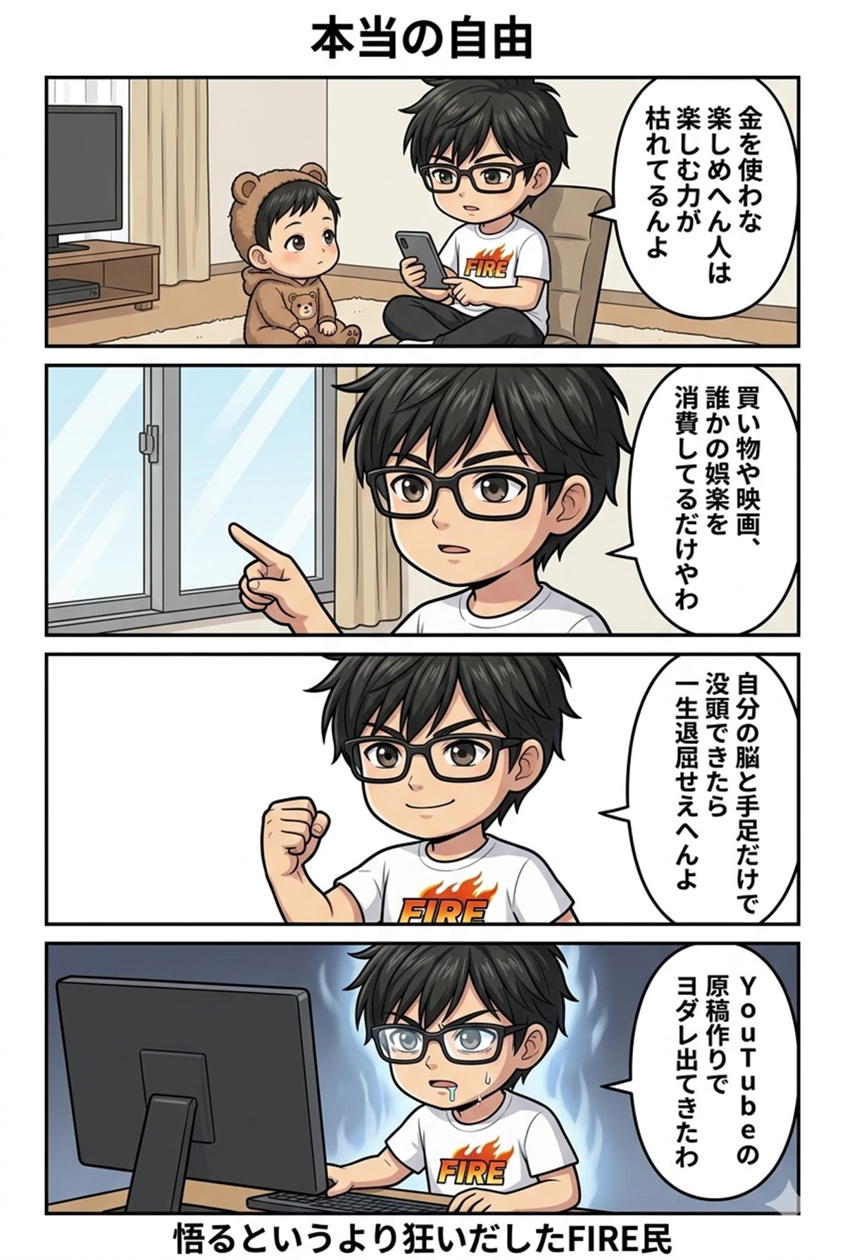 買い物や動画や漫画制作を自分で選ぶ本当の自由の4コマ漫画