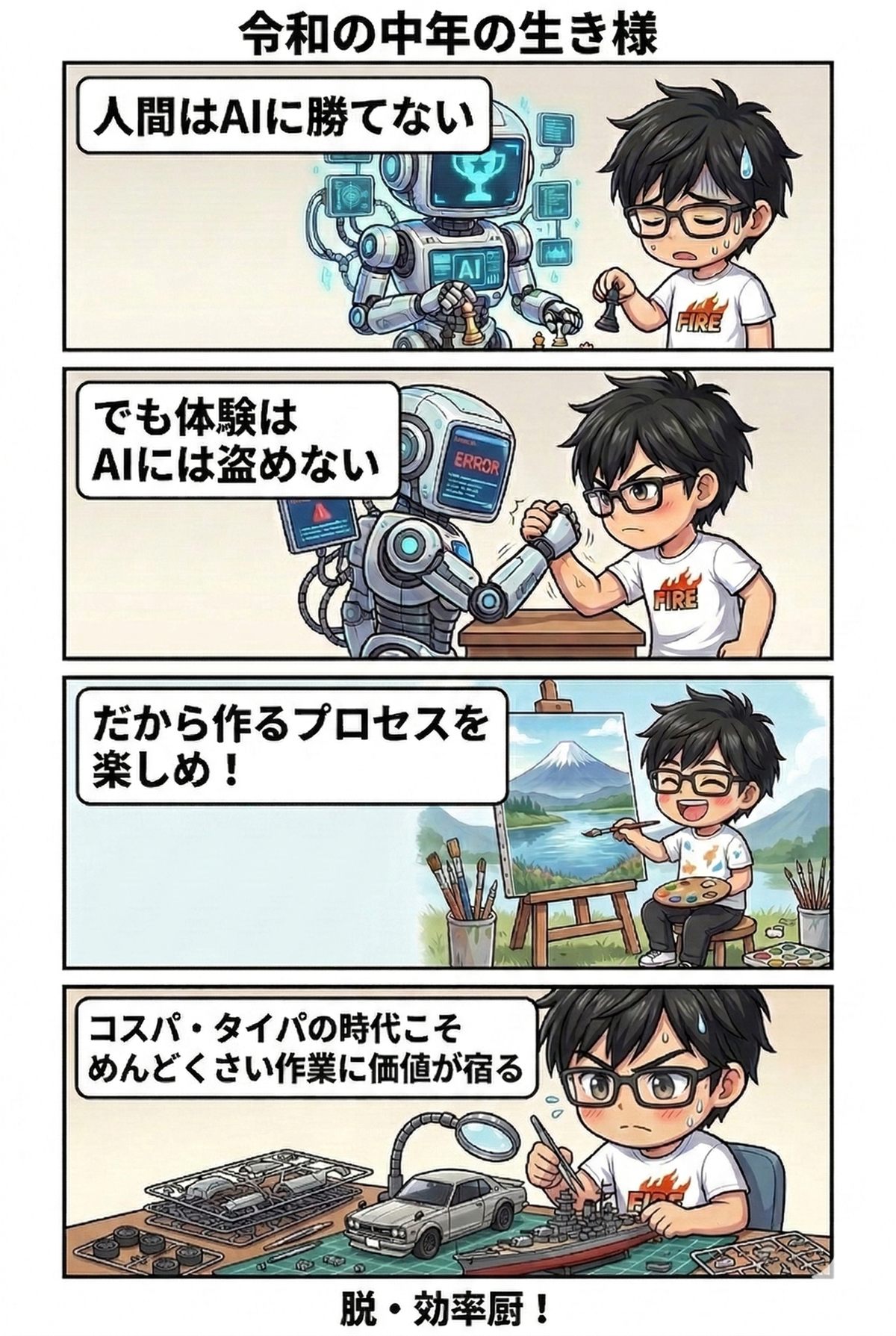 AI時代に効率より制作の過程を楽しむ中年の4コマ漫画