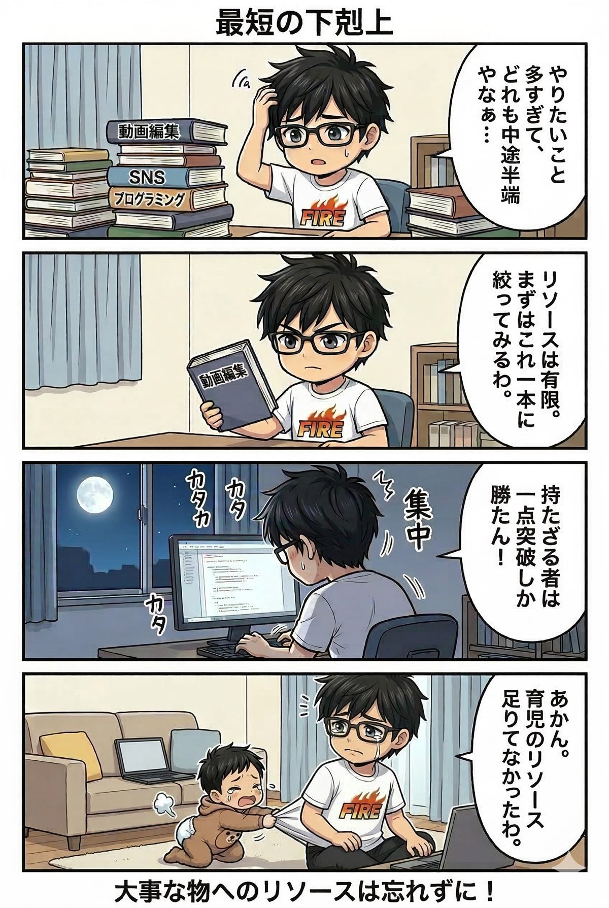 一つのことに集中しながら子どもとの時間も大切にする4コマ漫画