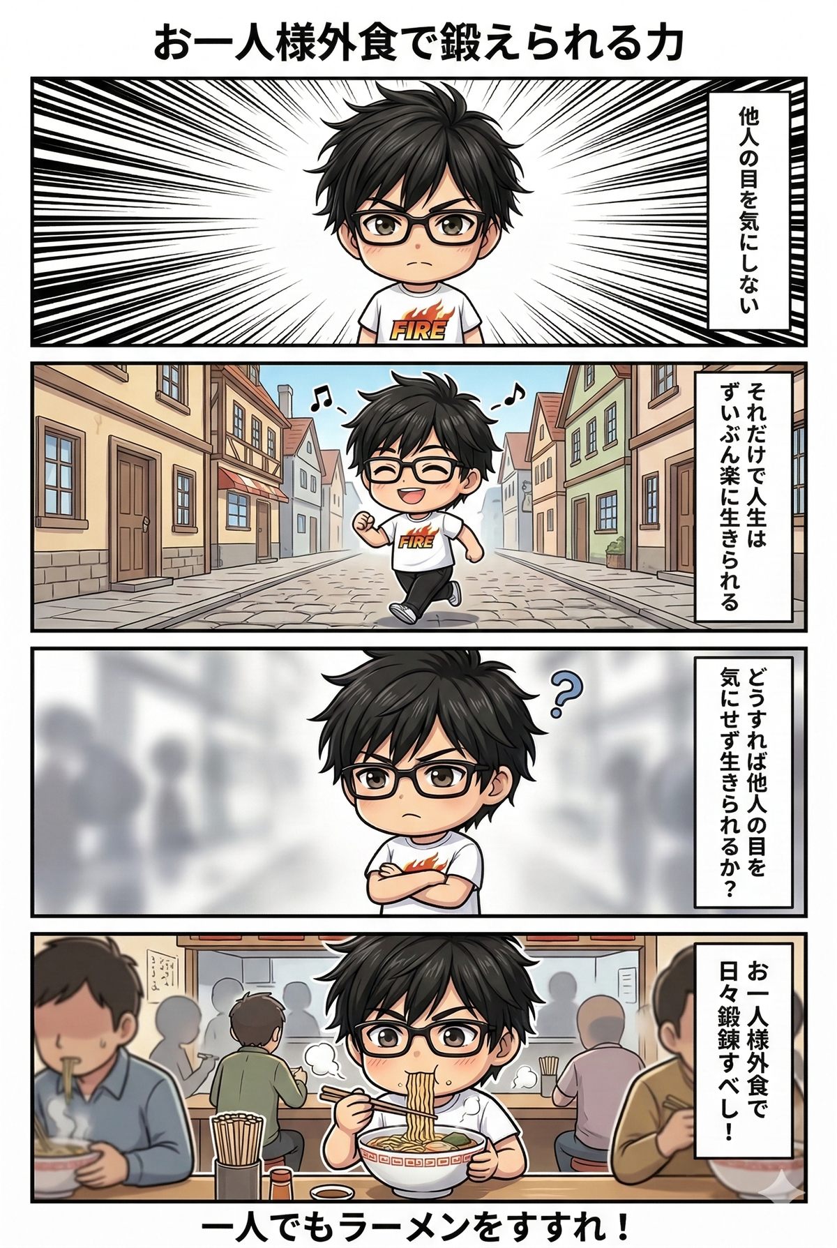一人でラーメン店に入り自由を鍛える4コマ漫画