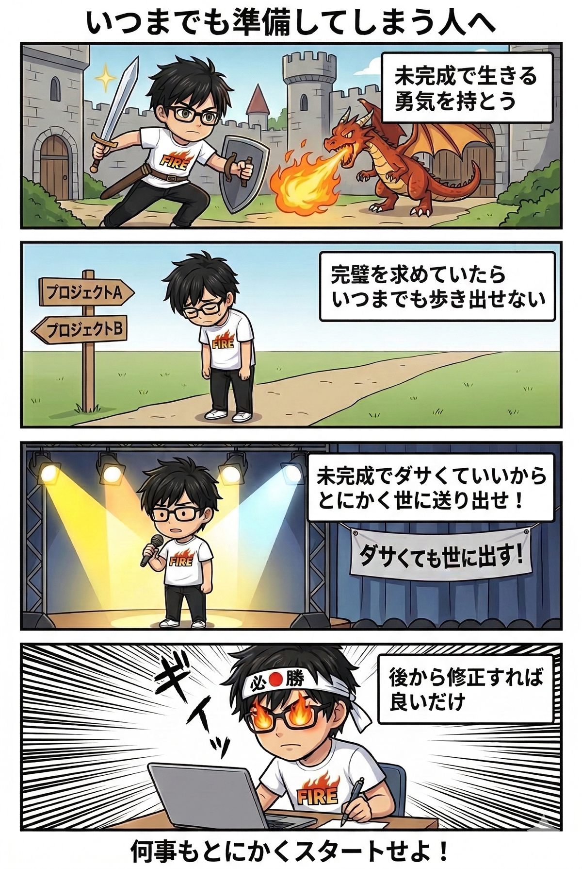 準備を続ける人が未完成の動画を公開する4コマ漫画