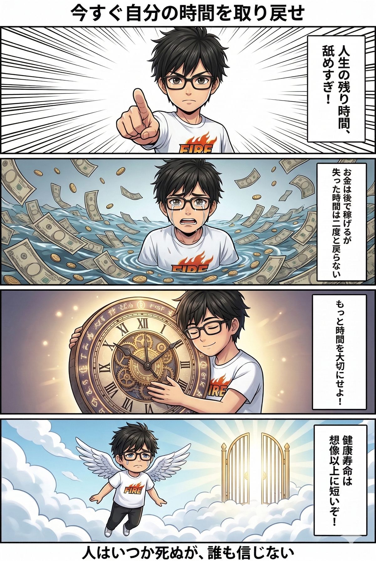 時計と人生の残り時間を見ながら自分の時間を取り戻す4コマ漫画