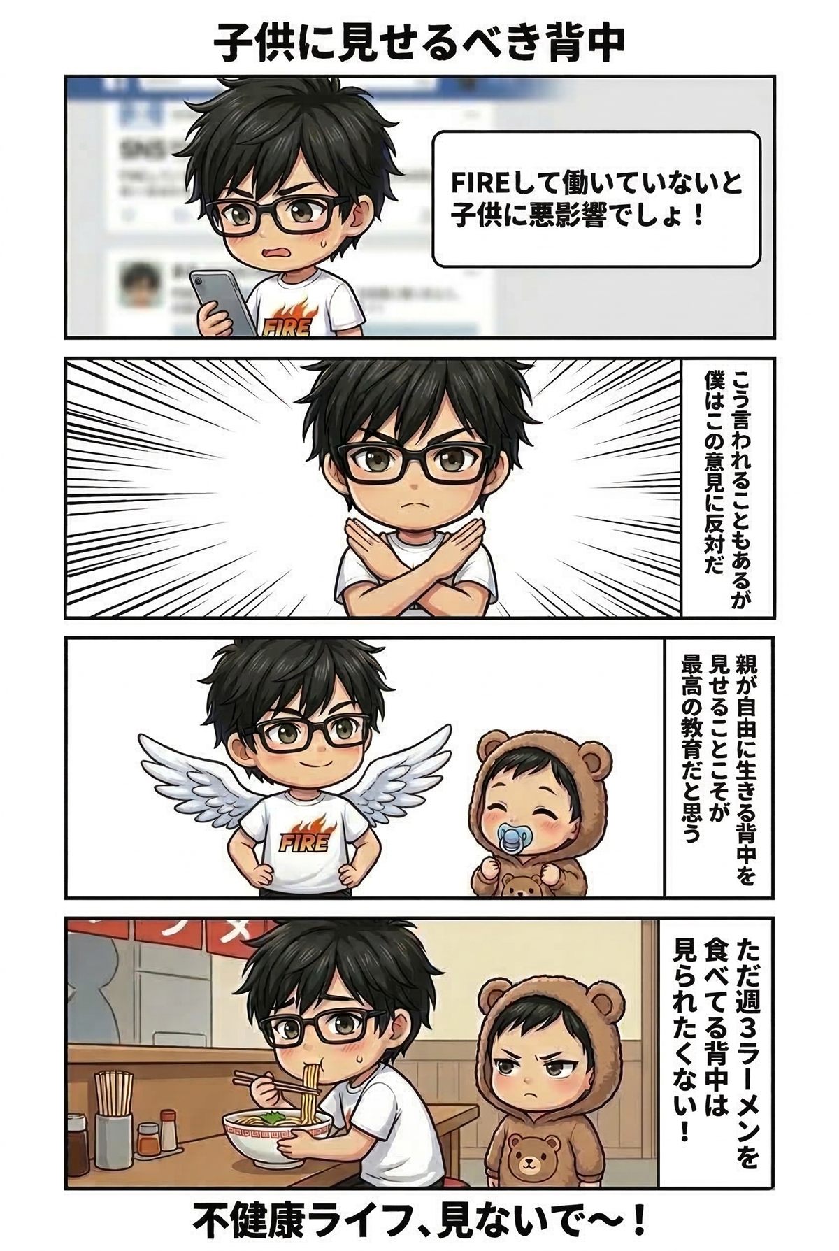 FIREした親が子どもに見せる生き方を考える4コマ漫画