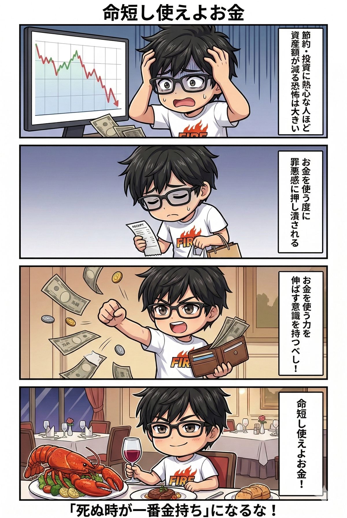 貯めたお金で食事を楽しみ、死ぬ時の残高を考える4コマ漫画