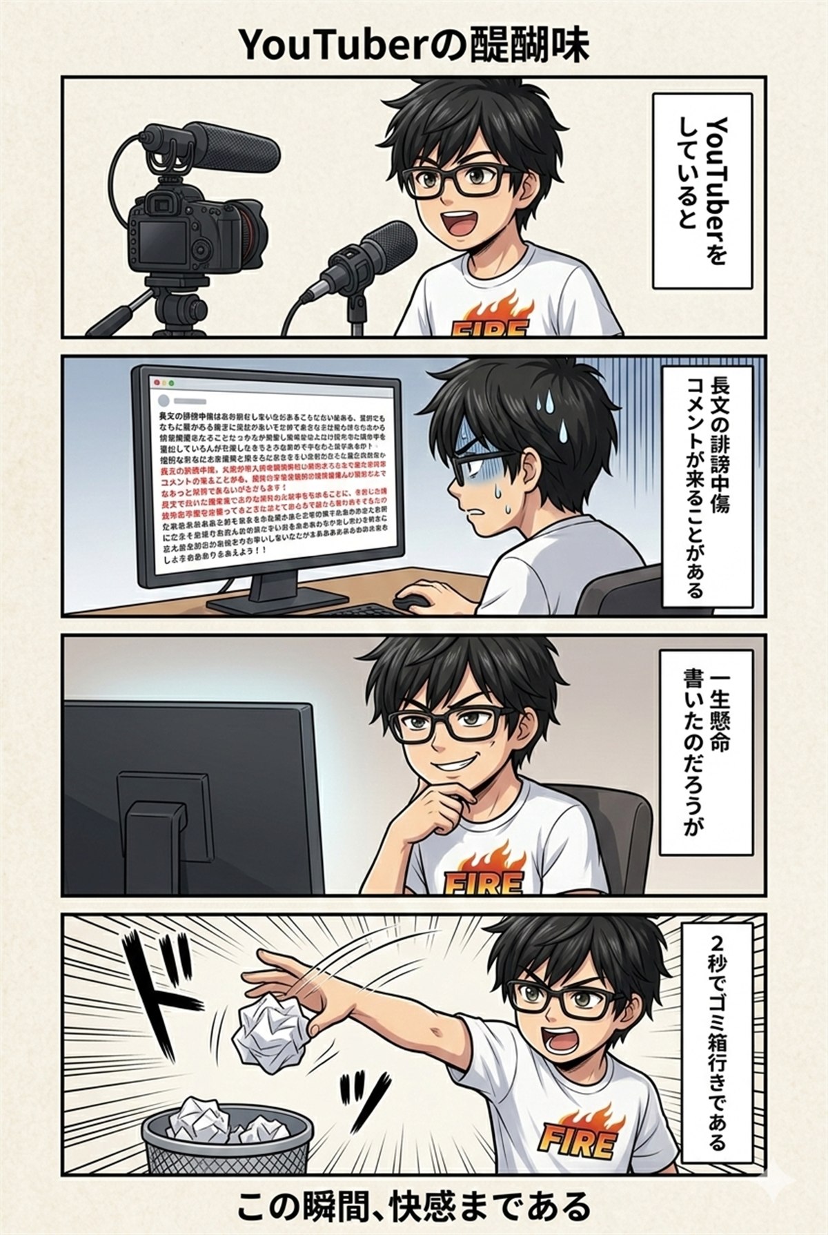 長いYouTube台本を2秒で丸めてゴミ箱へ投げる4コマ漫画