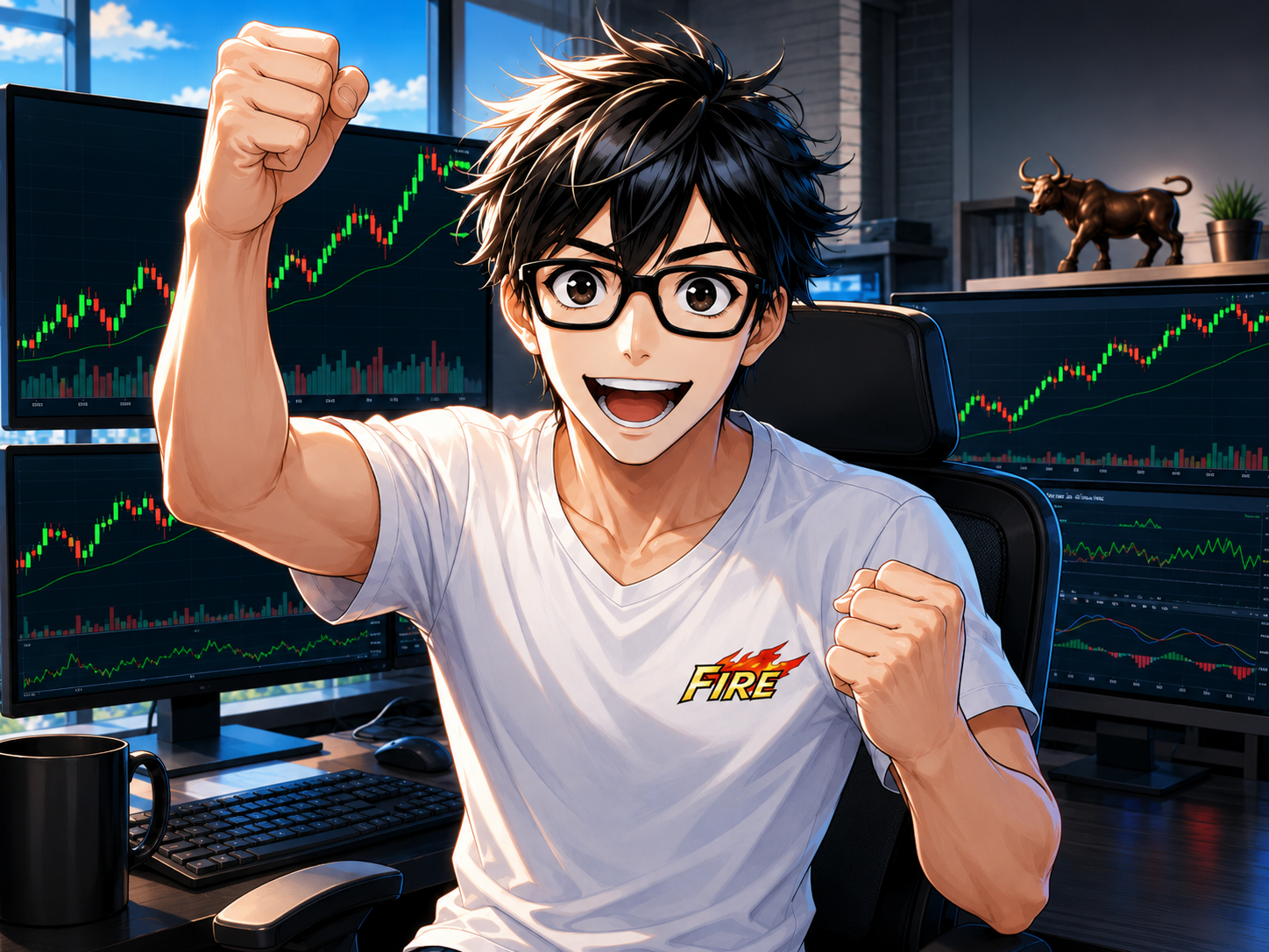 喜びながら株価チャートを見るプレイヤーキャラクター