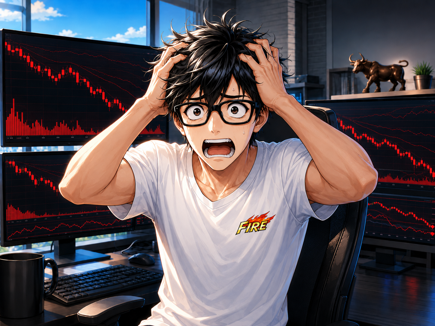 焦りながら株価チャートを見るプレイヤーキャラクター