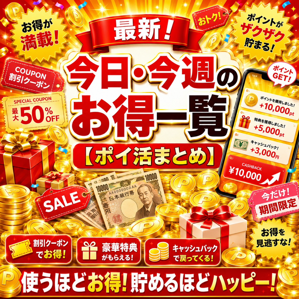 今日・今週のお得一覧。ポイ活・クーポン・ポイント還元をまとめた画像