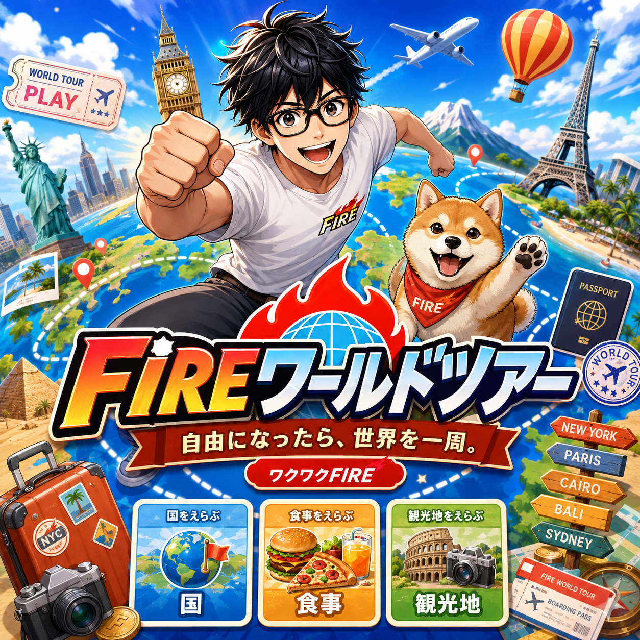 FIREワールドツアー。マルとシバくんが世界を旅するテキストアドベンチャー