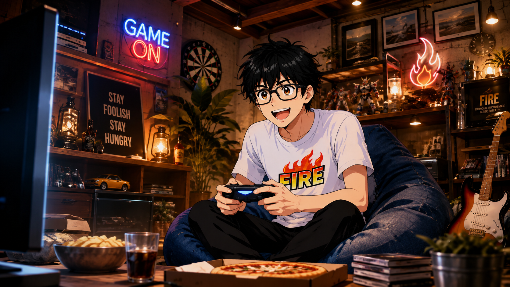 秘密基地でゲームに夢中になるFIREのキャラクター